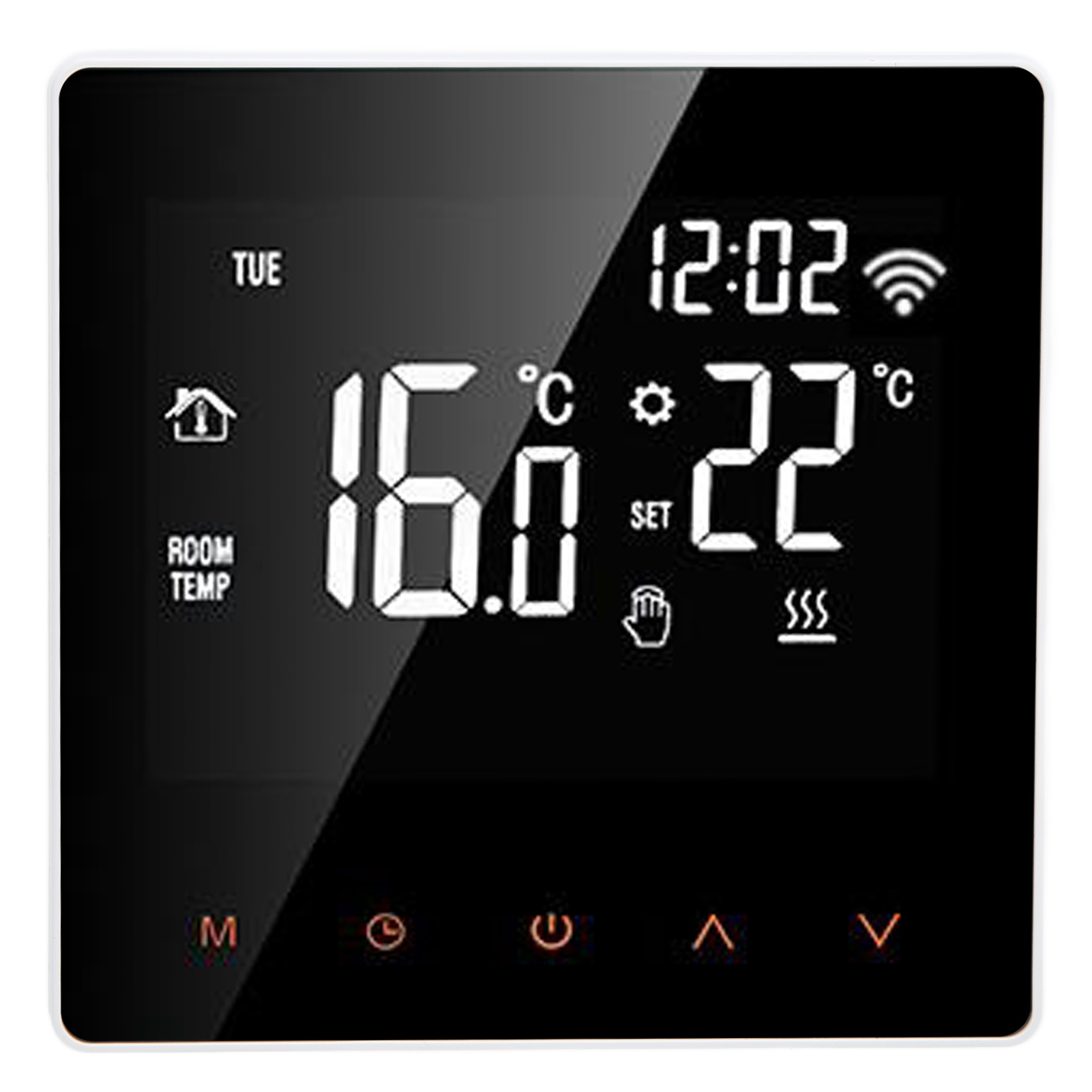 Me81h Intelligenter Wlan-thermostat Für Fußbodenheizung, Tuya-kompatibel, Wandmontierter Elektrischer Heizungsregler, 230 V Wechselstrom, Lcd-display, Weißer Hintergrund, Orangefarbene Tasten