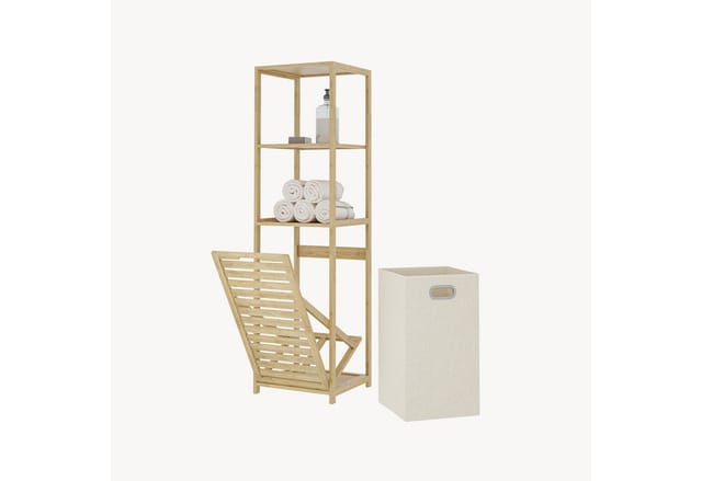 Badregal Mit Wäschesammler Anun 130x36x33 Cm Bambus Holzfarben [en.casa]