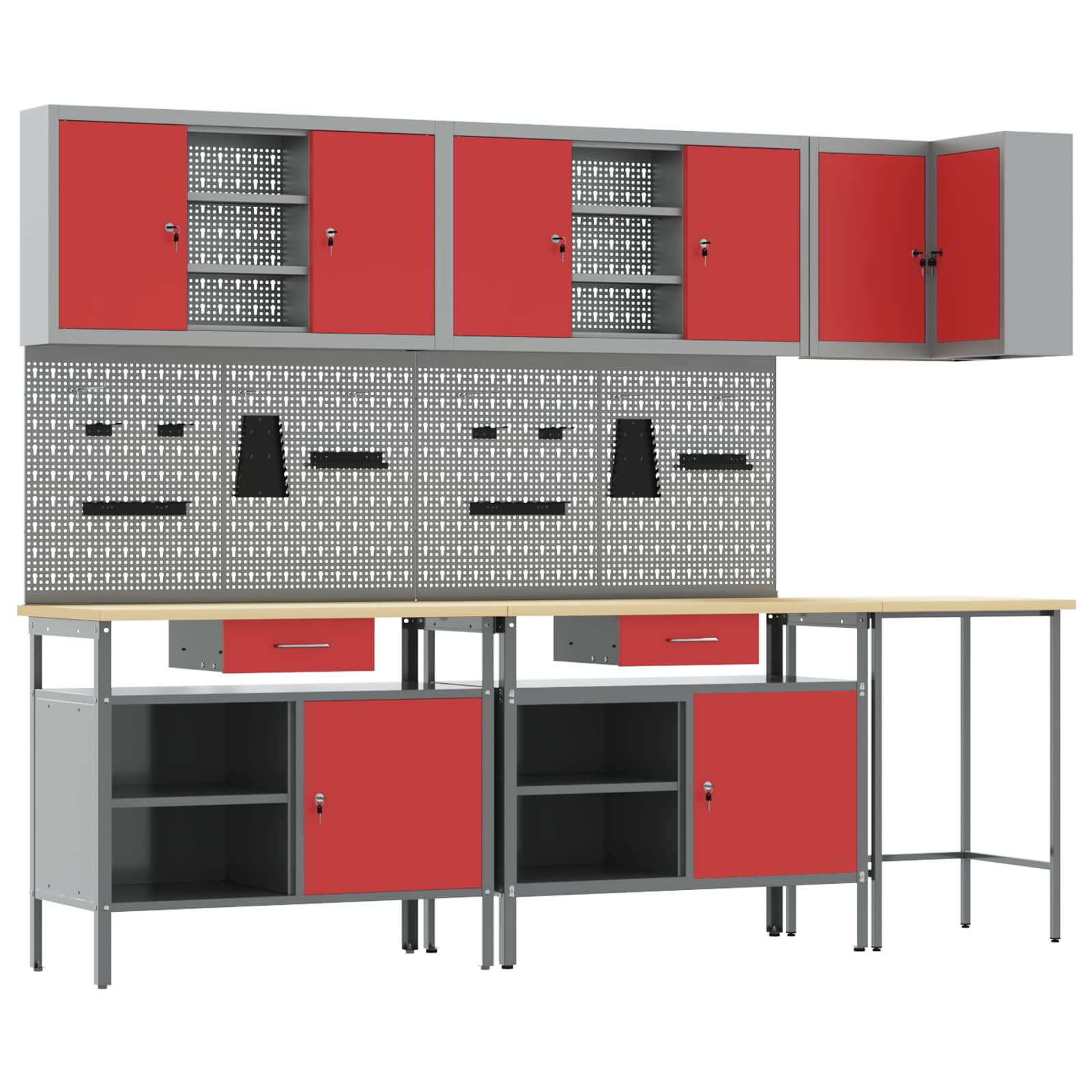 Arbeitsschrankset Mit Schubladen Mit Regal 10 Pcs Rot Und Grau