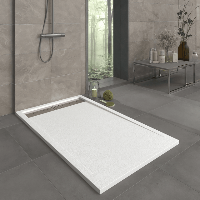 Mineralguss-duschwanne Extra Flach Orion Schieferoptik Weiss 90x120 Cm Ablaufschutz In Chrom