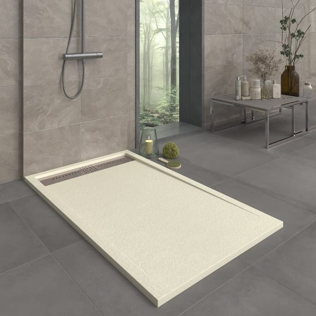 Mineralguss-duschwanne Extra Flach Orion Schieferoptik Beige 80x200 Cm Ablaufschutz In Chrom