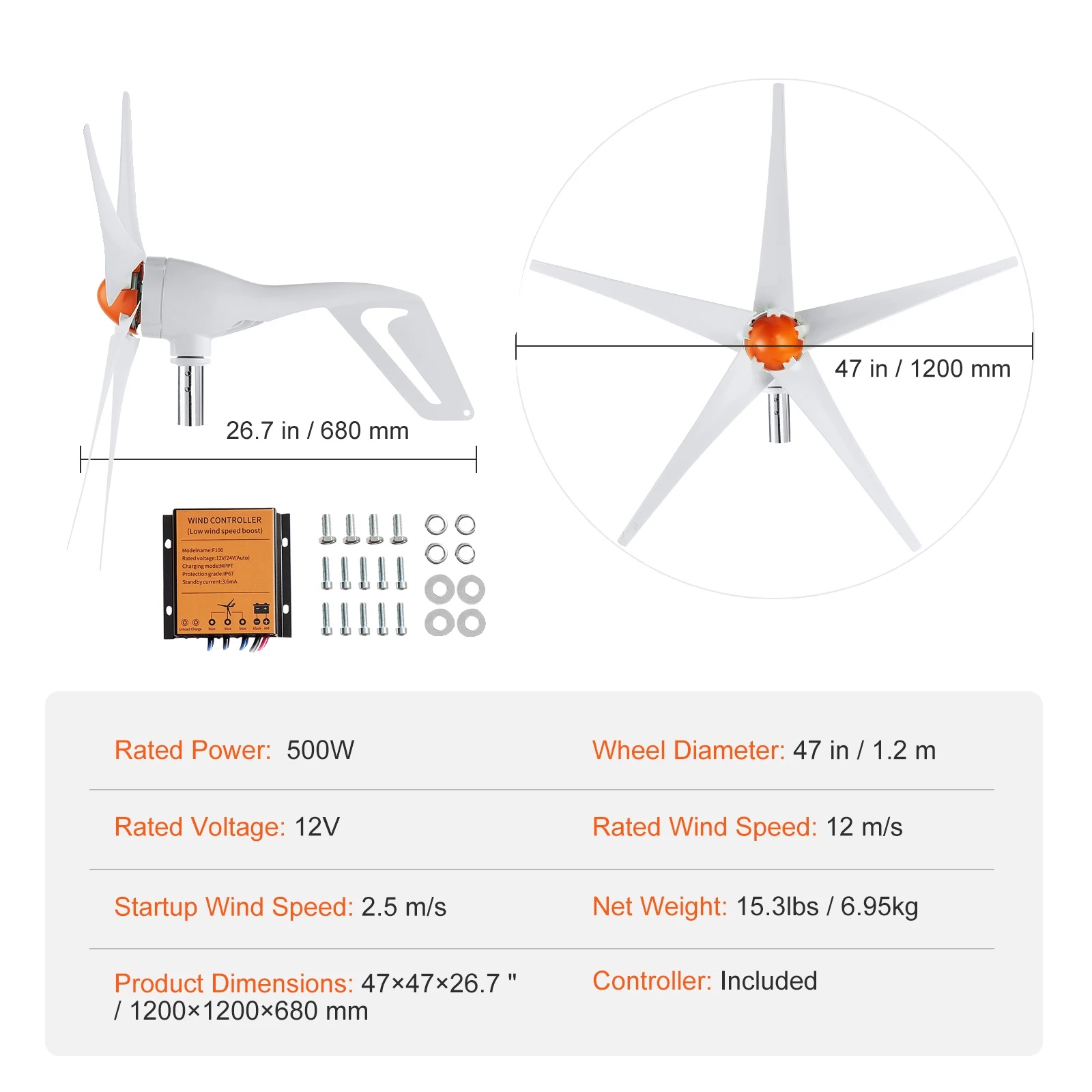 Windkraftanlage, Hohe Effizienz, Robuste Bauweise, 12 V, 500 W, 5 Rotorblätter