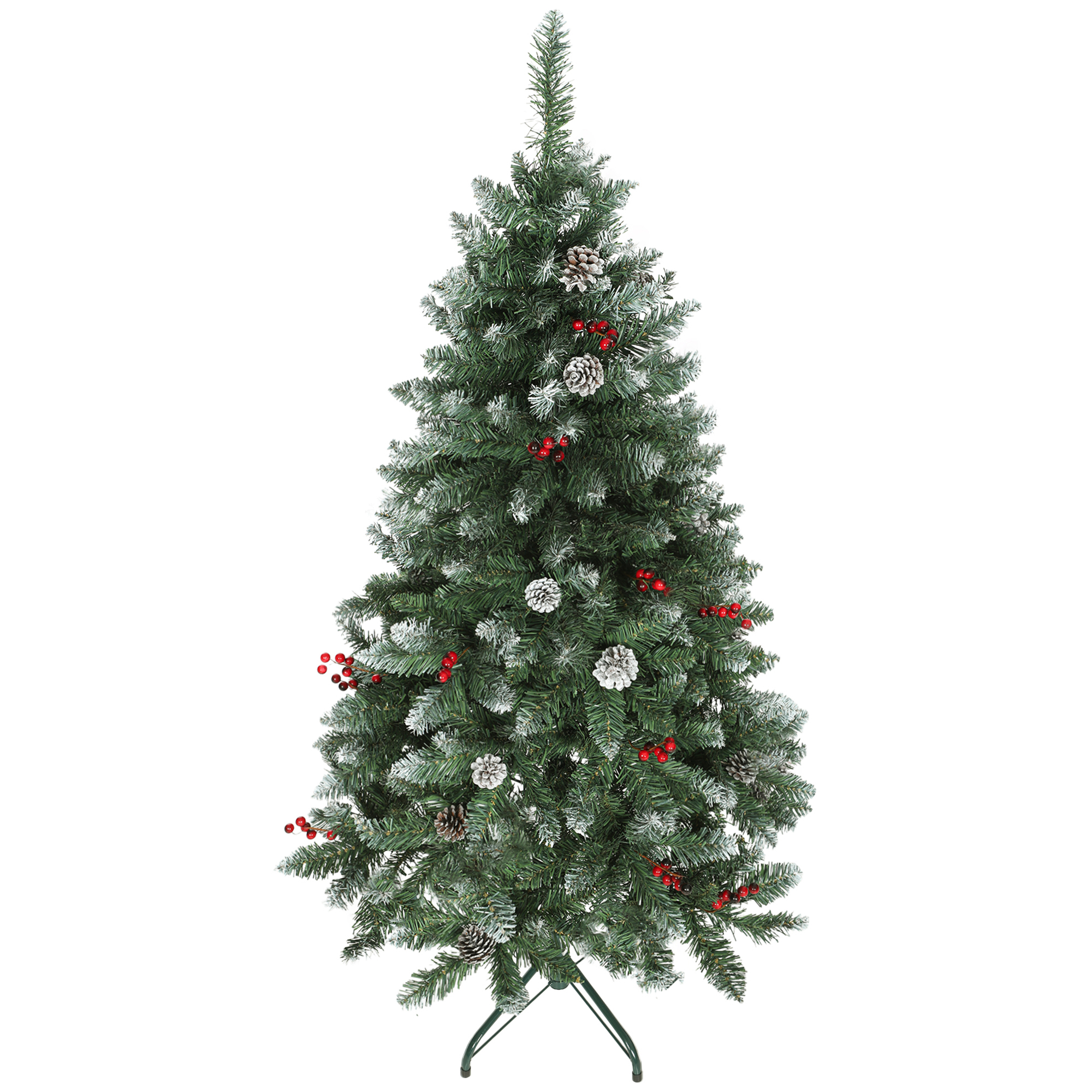 Weihnachtsbaum Für Den Innenbereich, 150 Cm Hoch, Mit 398 Zweigen, Tannenzapfen Und Roten Beeren, Metallfuß, Grün