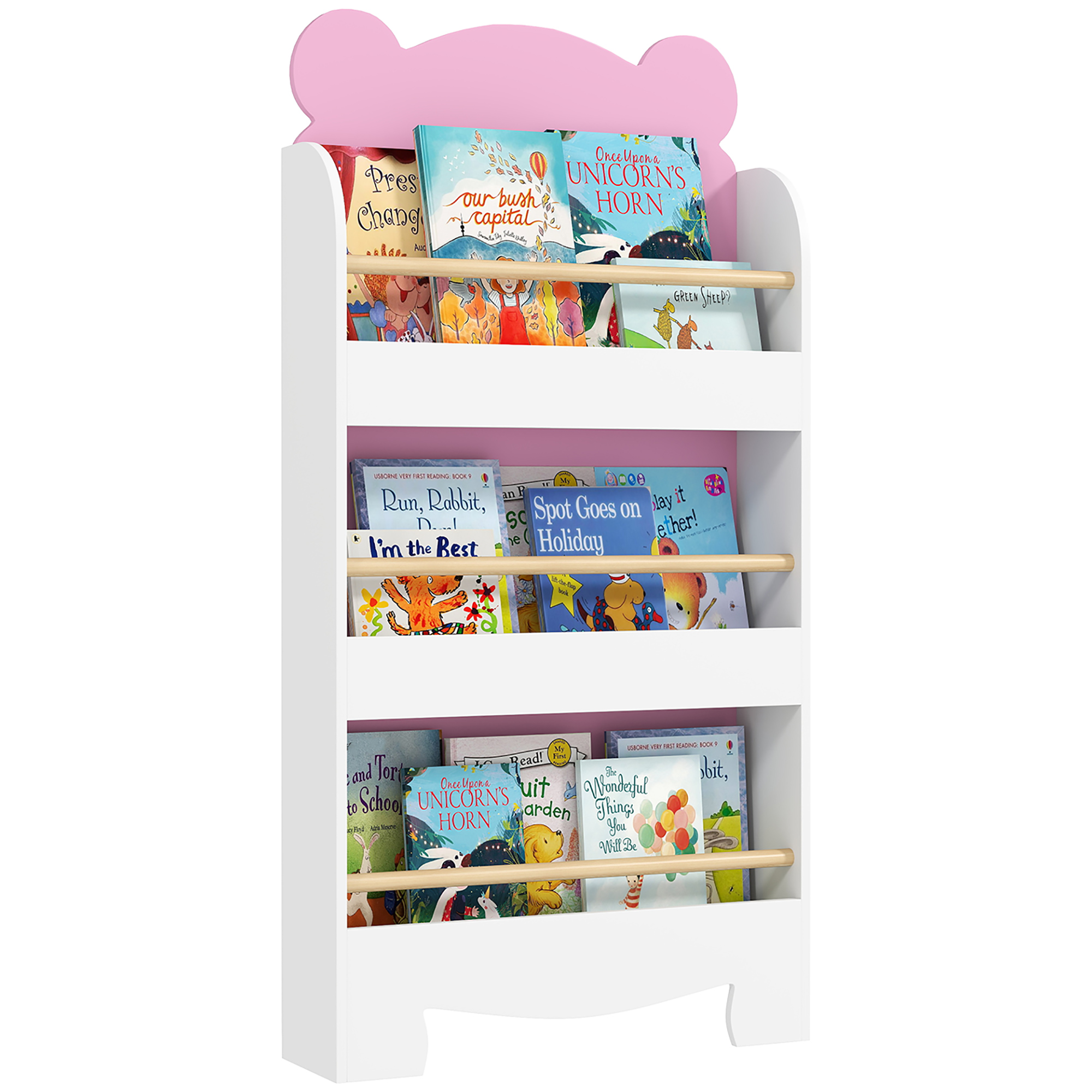 Kinderbücherregal Mit 3 Teddybärförmigen Regalböden Und Sicherheitsbarrieren, 55 X 15 X 110 Cm, Rosa