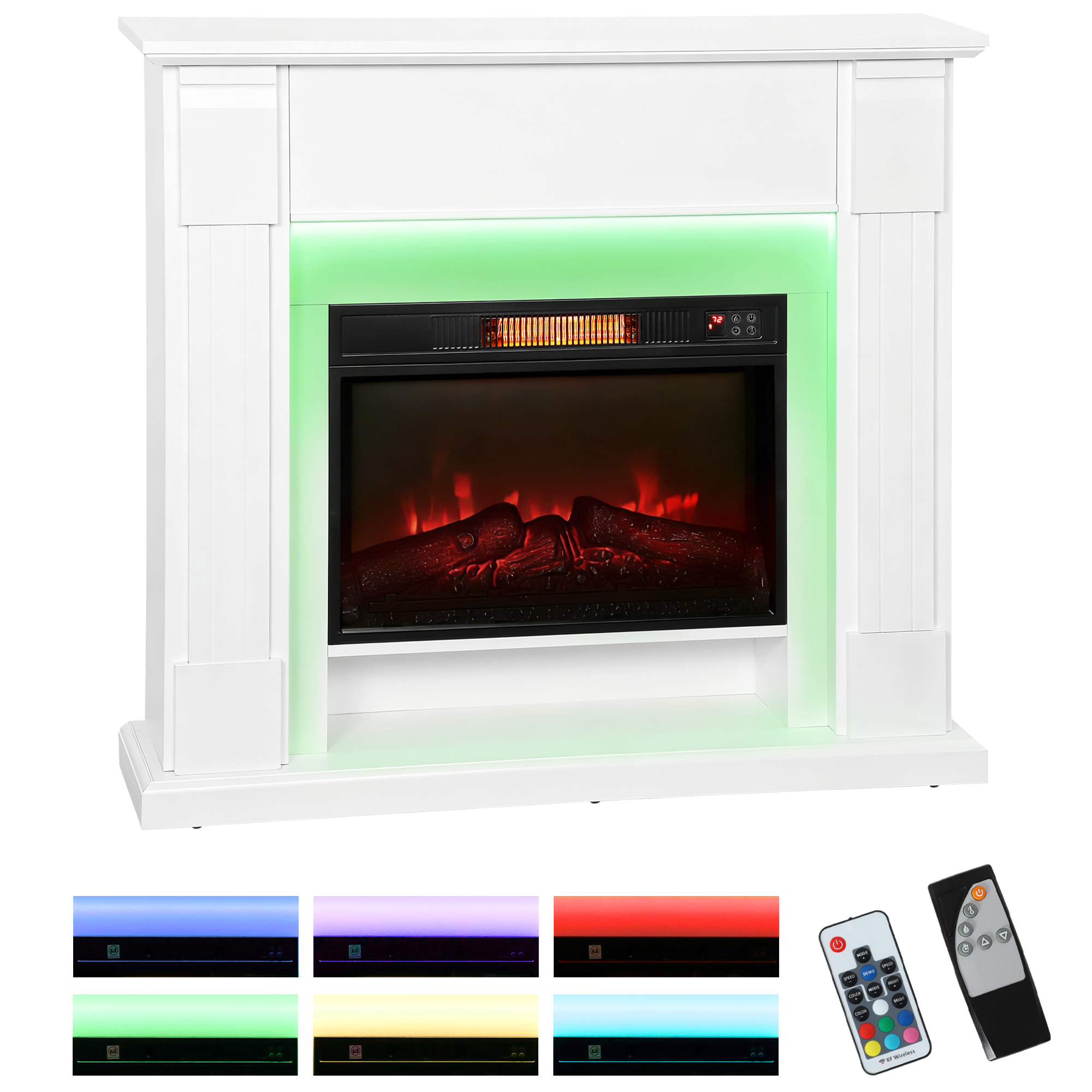 Elektrischer Einbaukamin Mit 3d-flammeneffekt, Rgb-led-lichtleiste, 1800 W, Timer, Thermostat, Weiß