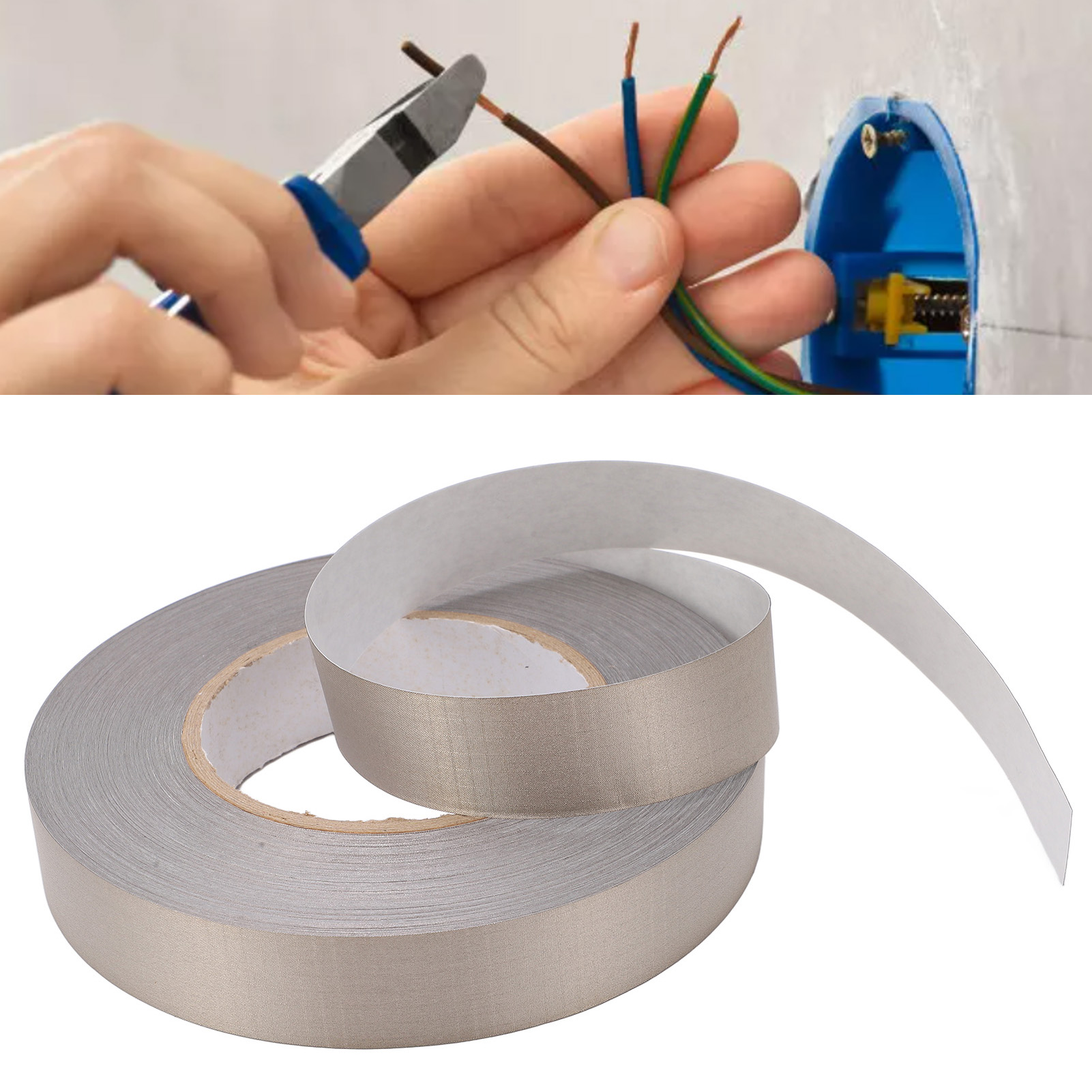 Einseitig Leitfähiger Streifen Aus Silbergrauem Gewebe, 0,12 Mm Dicke Klebeschicht, 25 Mm Breit Und 50 M Lang.
