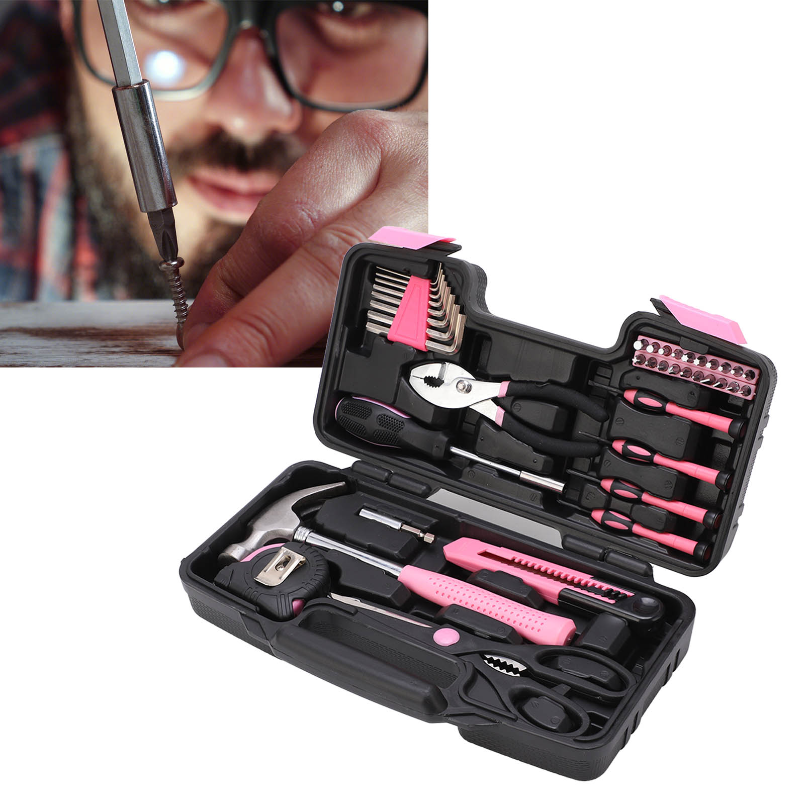 Dieses 39-teilige, Pinkfarbene Universal-werkzeugset Für Den Heimgebrauch Ist Für Mädchen Konzipiert Und Enthält Alle Wichtigen Werkzeuge Für Zuhause, Garage, Büro Und Schülerzimmer.