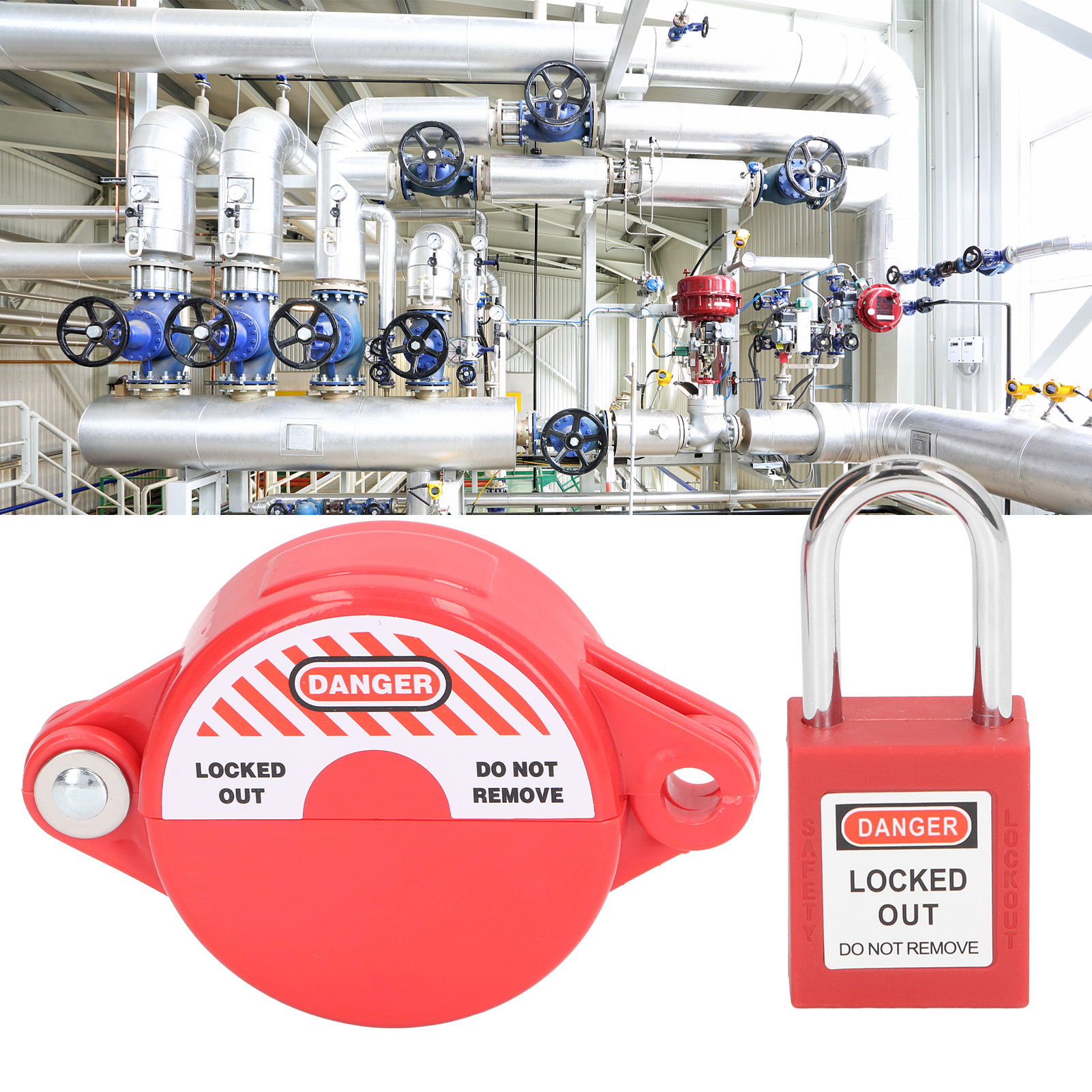 Ein Set Aus Sicherheitsverriegelungen Und Vorhängeschlössern Für Fallventile, Geeignet Für Ventilschaftdurchmesser Von 25 Mm Bis 64 Mm Rote Kunststoff-sicherheitsverriegelung Für Gartenventile Im Auße