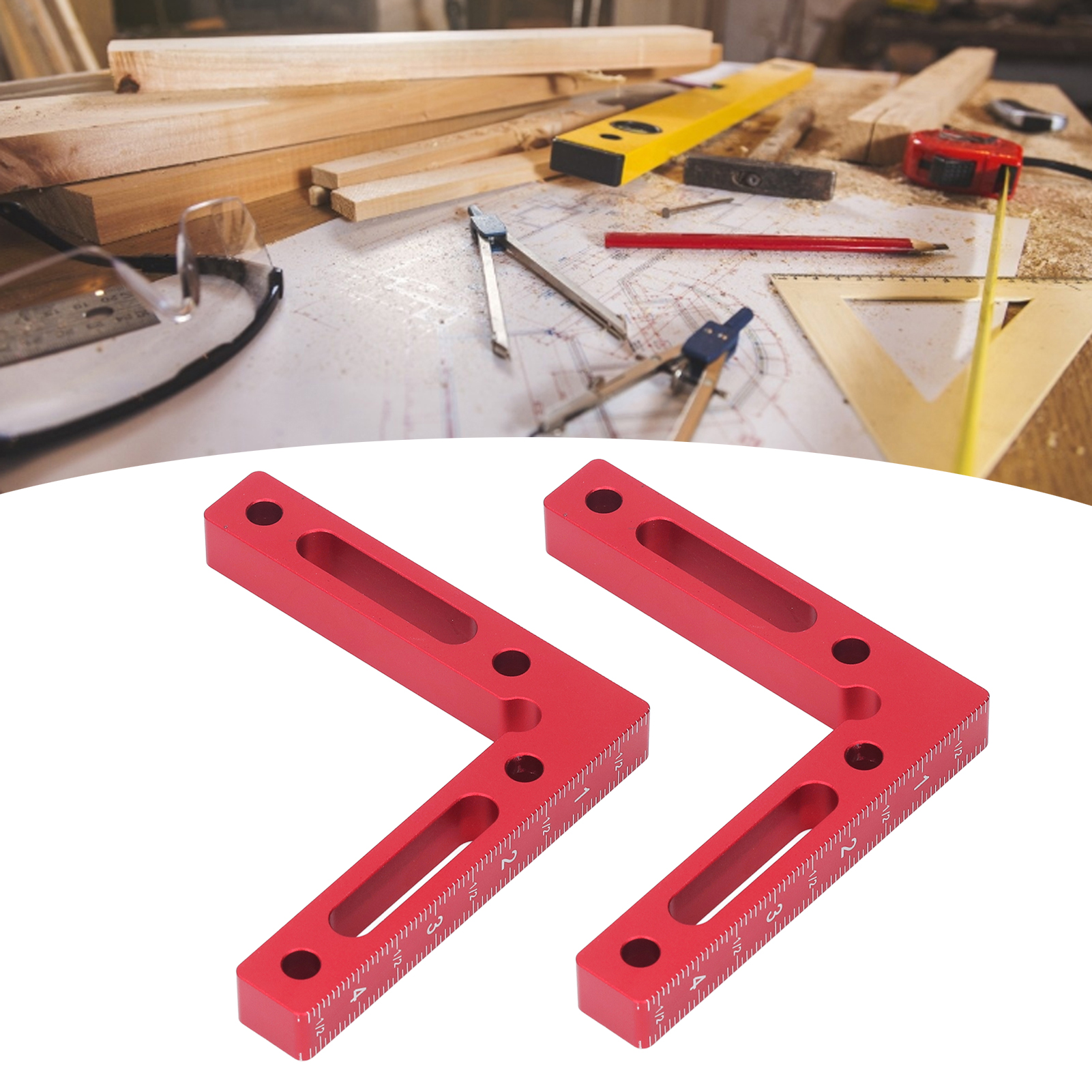Set Aus 2 Doppelseitigen, 120 Mm Langen Rechtwinkligen Linealen Aus Roter Merinowolle Mit Zollangaben Zum Positionieren Und Markieren.