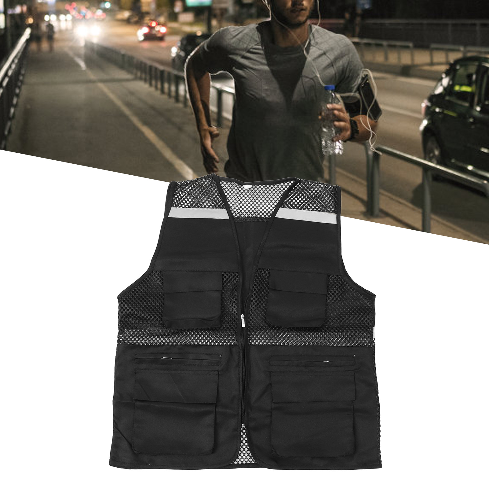 Reflektierende Weste Mit Mehreren Taschen, Schwarz, Größe Xxl, Geeignet Für Verschiedene Anlässe