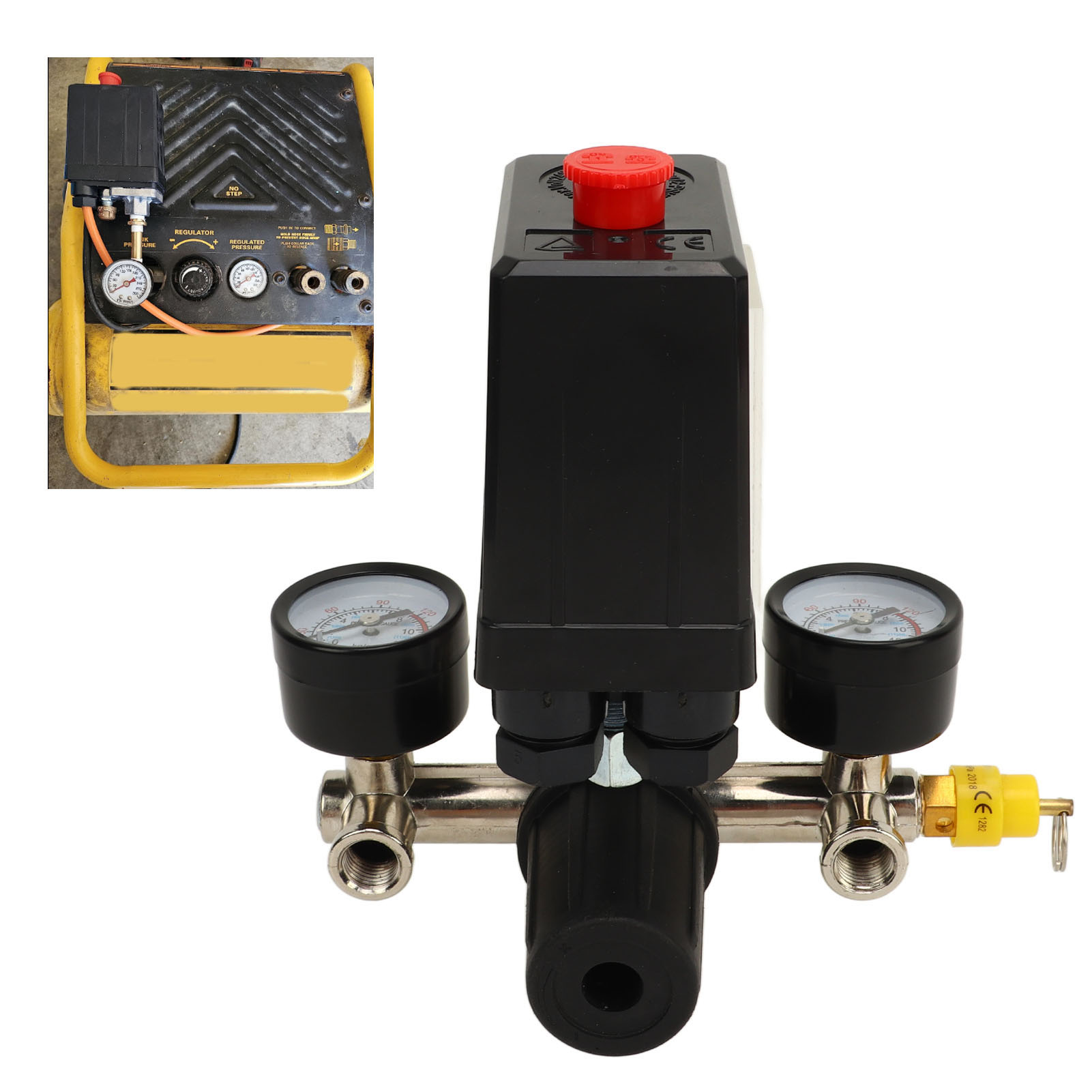 Luftkompressor-set Mit Ce-ventil, Nifa, Manometer Mit Schwarzer Kappe Aus Metall Und Zugseilventil, Druckschalter Und Regelventil.