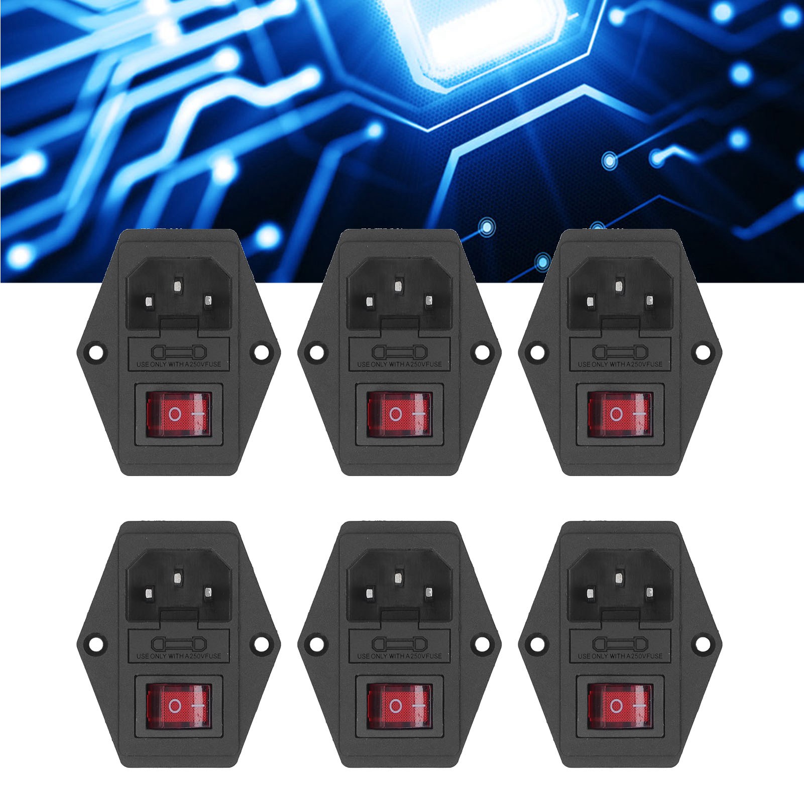 6-teiliger Netzschalter Ac250v 10a, 3-polig Iec320 C14, Mit Sicherung Und Kontrollleuchte.
