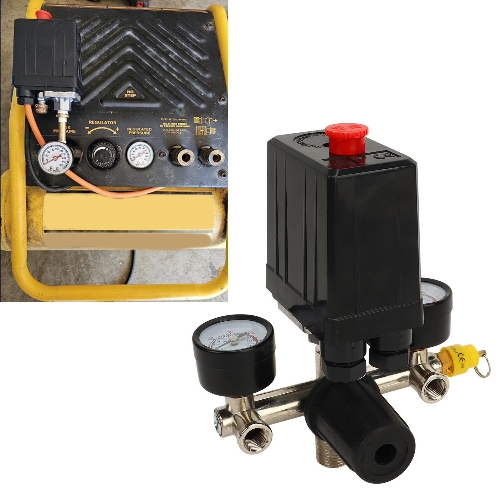 Das Luftkompressor-set Beinhaltet Ein Ce-ventil, Ein Nifa-ventil, Ein Manometer Aus Eisen Mit Schwarzer Kappe Und Einen Amerikanischen Schnellanschluss Aus Messing.