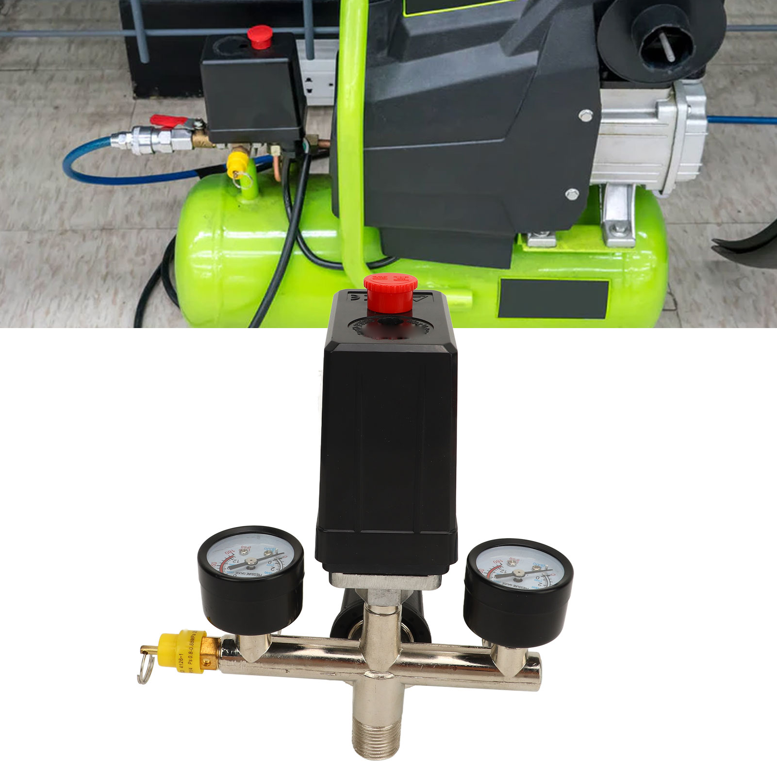 Das Luftkompressor-set Beinhaltet Ein Ce-ventil, Ein Nifa-ventil, Ein Manometer Mit Schwarzer Kappe, Ein Kugelhahnventil Und Ein Druckregelventil Für Den Luftkompressor.