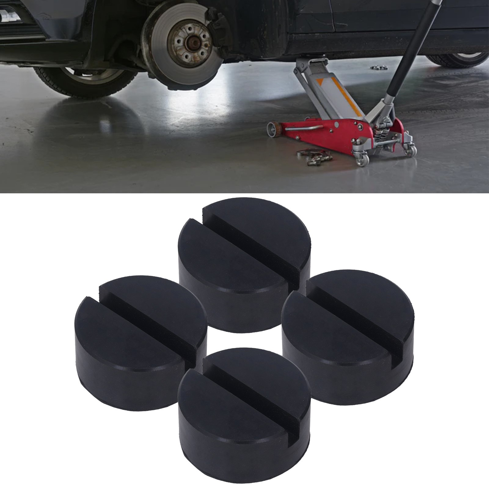 Verkauf Von 4 Sätzen Runder Pads Und Adapter Für 2 Bis 4 Tonnen Wagenheberaufnahmen Universeller Gummibodenbelag Mit Gerilltem Rahmen, Führungsschiene Und Schweißnahtschutz 753510 Mm.