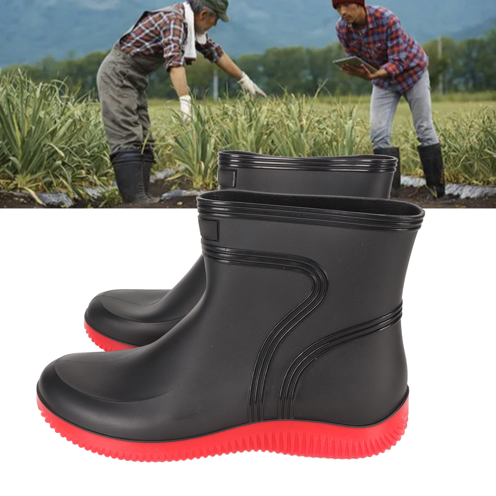 Trendige Herren-regenstiefel Bis Zur Wade, Niedrige Regenstiefel, Wasserdicht Und Rutschfest, Gummischuhe Zum Kochen, Angeln, Autowaschen, Einzelschuhe 3306, Schwarz Und Rot, Größe 38.