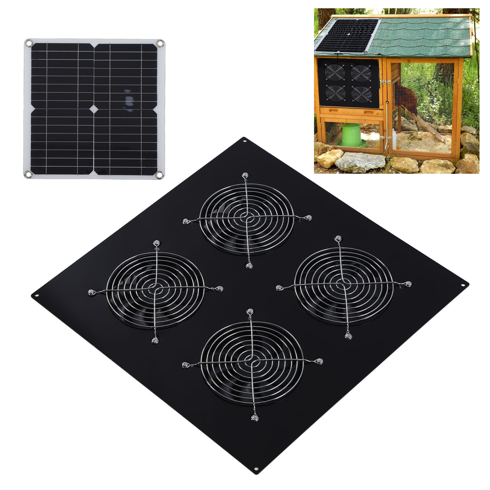 18v 12w Solarpanel-set, Solar-fensterlüfter, Hühnerstallventilator, Wetterfest, 4 Ventilatoren, Geeignet Für Hühnerställe, Gewächshäuser, Gartenhäuser, Dachböden, Tierställe