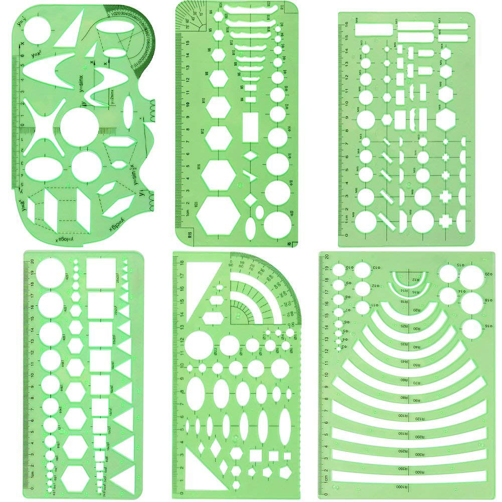 Set Mit 6 Zeichenvorlagen Zum Zeichnen Von Kreisen, Erstellen Geometrischer Muster Und Entwerfen Von Linealen.