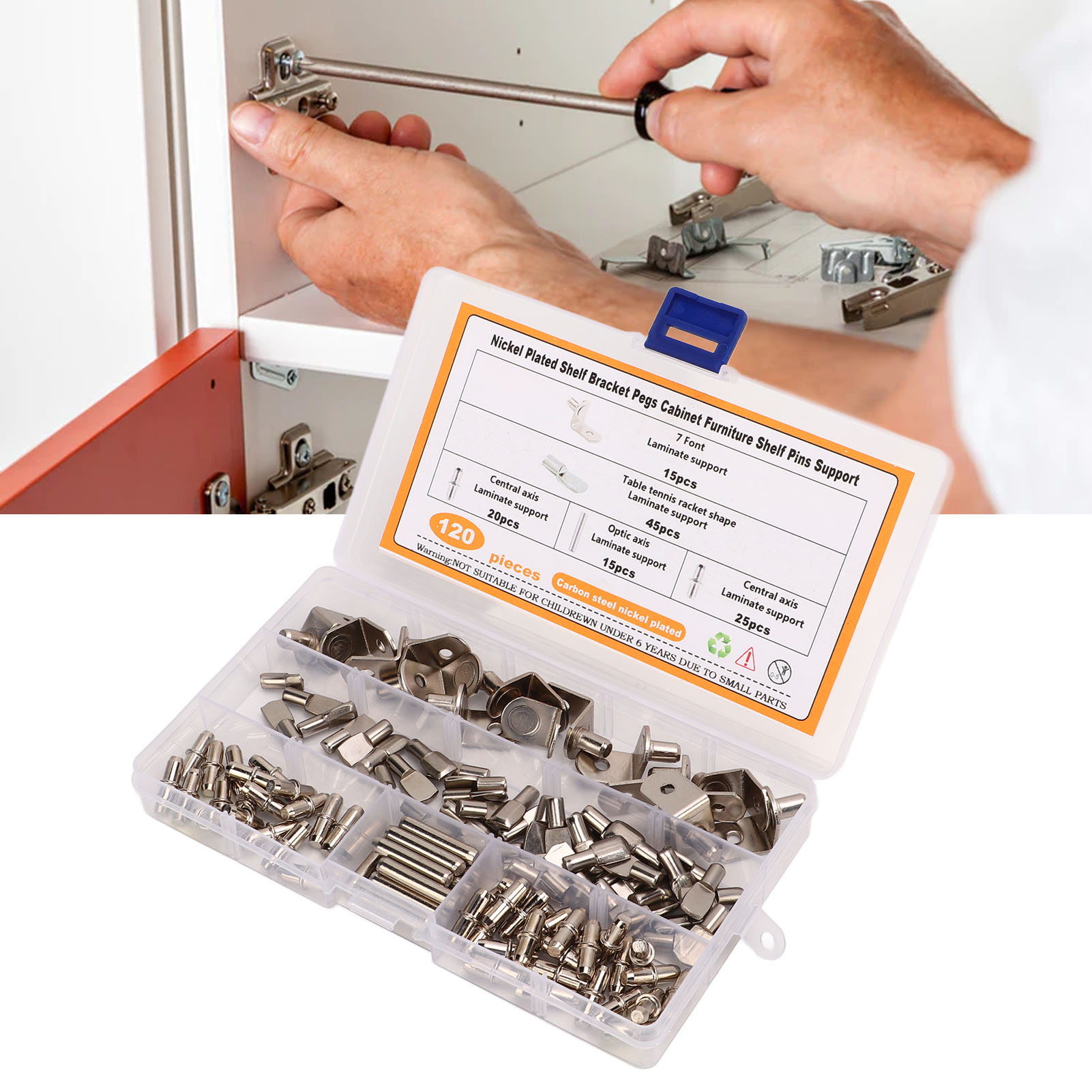 Set Aus 120 Vernickelten Kohlenstoffstahlteilen Für Schrankregalhalterungen, Winkelhalterungen, Nägel Und Befestigungsstifte.
