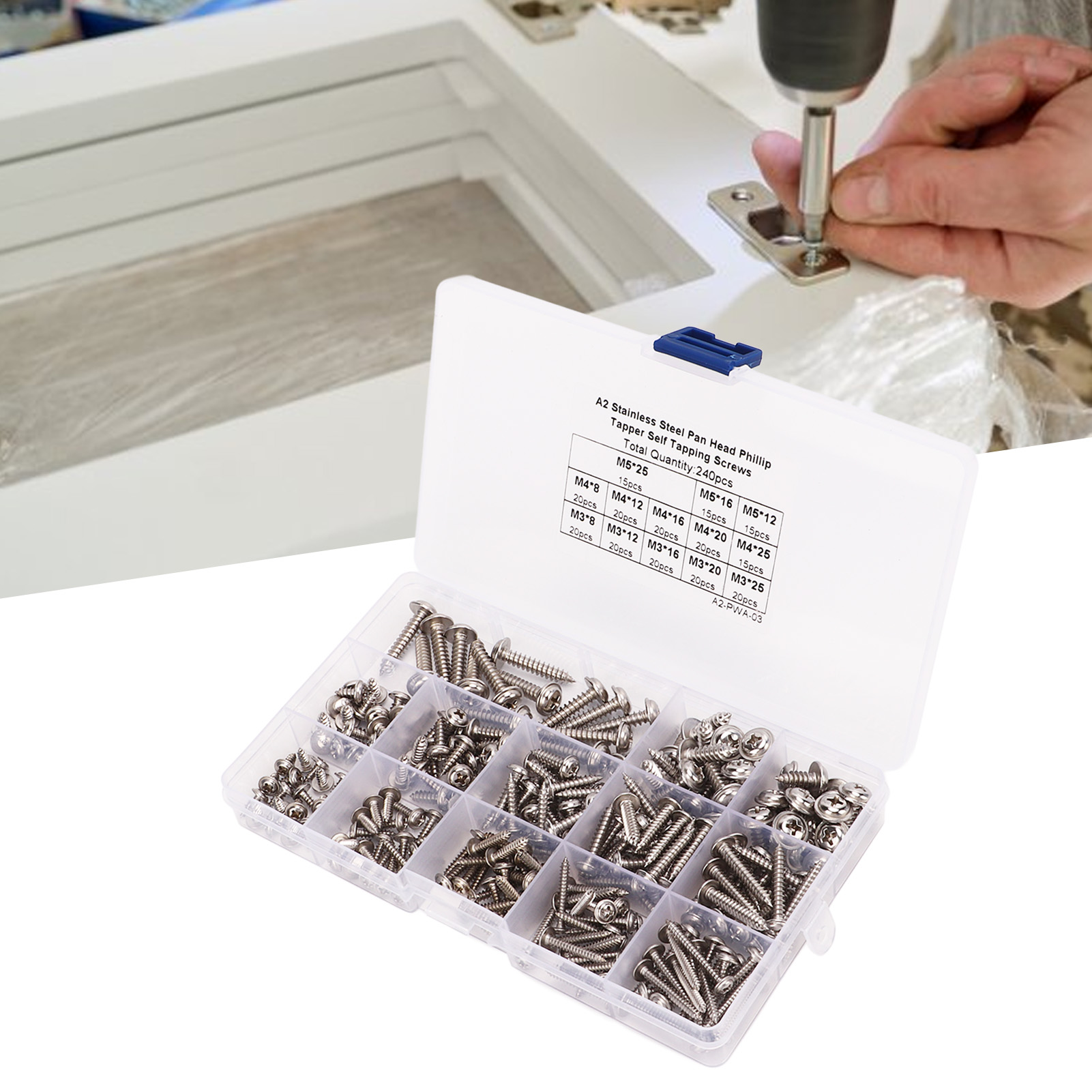 Set Mit 240 Selbstschneidenden Edelstahlschrauben Mit Kreuzschlitzkopf Und Unterlegscheiben, M3, M4, M5