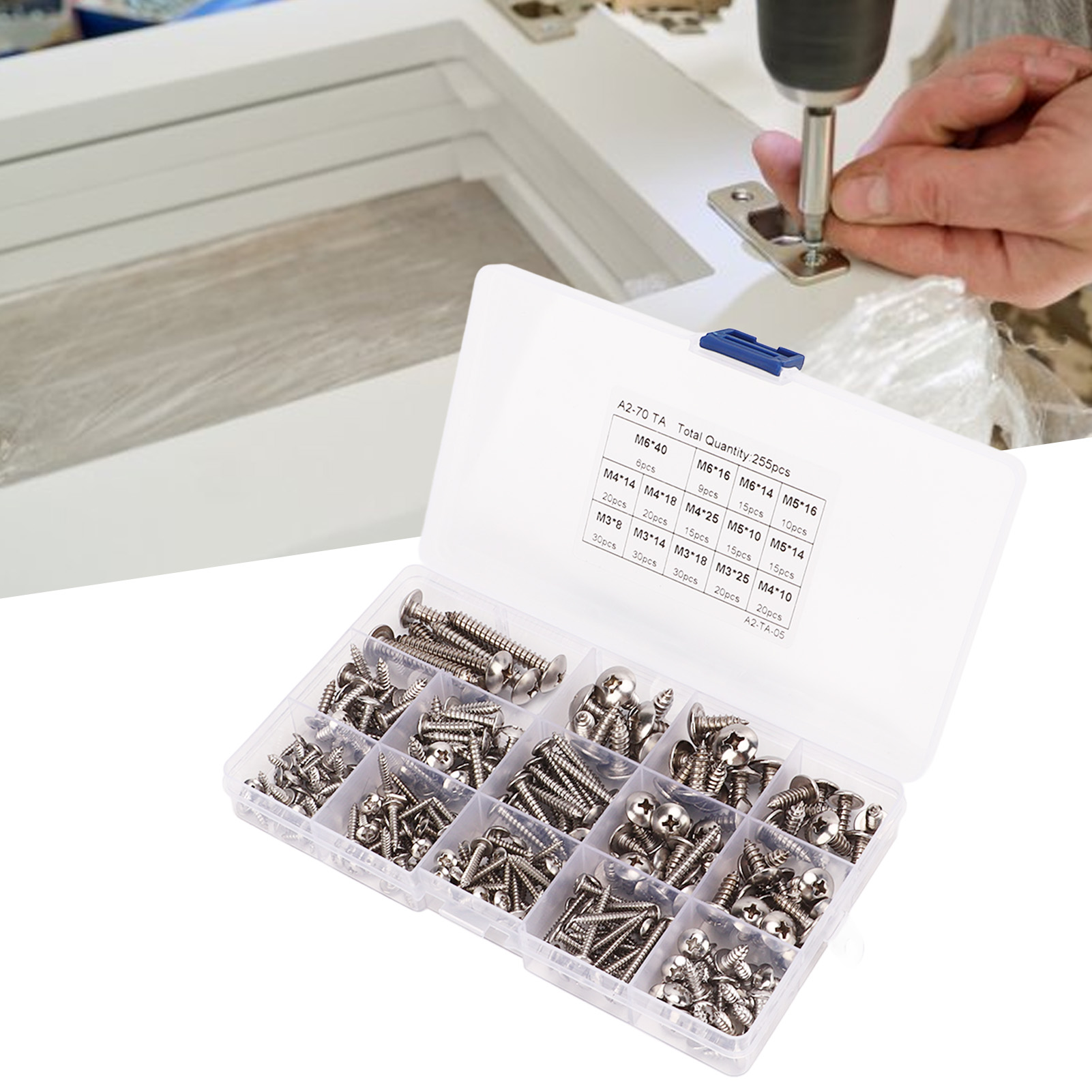 Set Mit 255 Selbstschneidenden Phillips-flachkopfschrauben Aus Edelstahl, Verpackt In Schachteln Der Größen M3, M4, M5 Und M6.