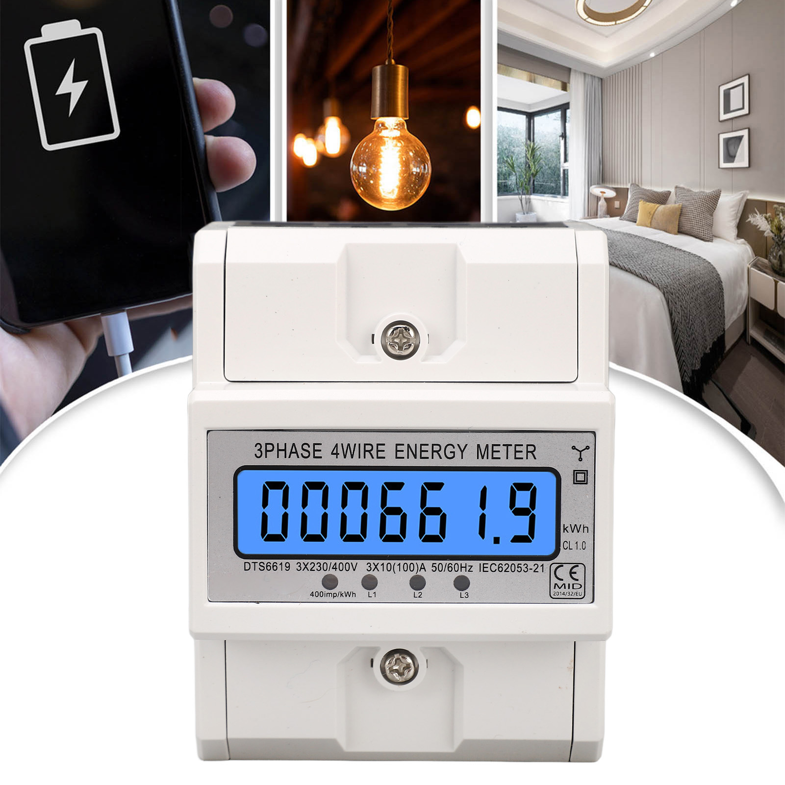 Vieradriger, Dreiphasiger Haushaltsstromzähler Mit Hintergrundbeleuchtetem Lcd-display, Din-schienenmontage (kwh), 10–100 A, 230/400 V Wechselstrom