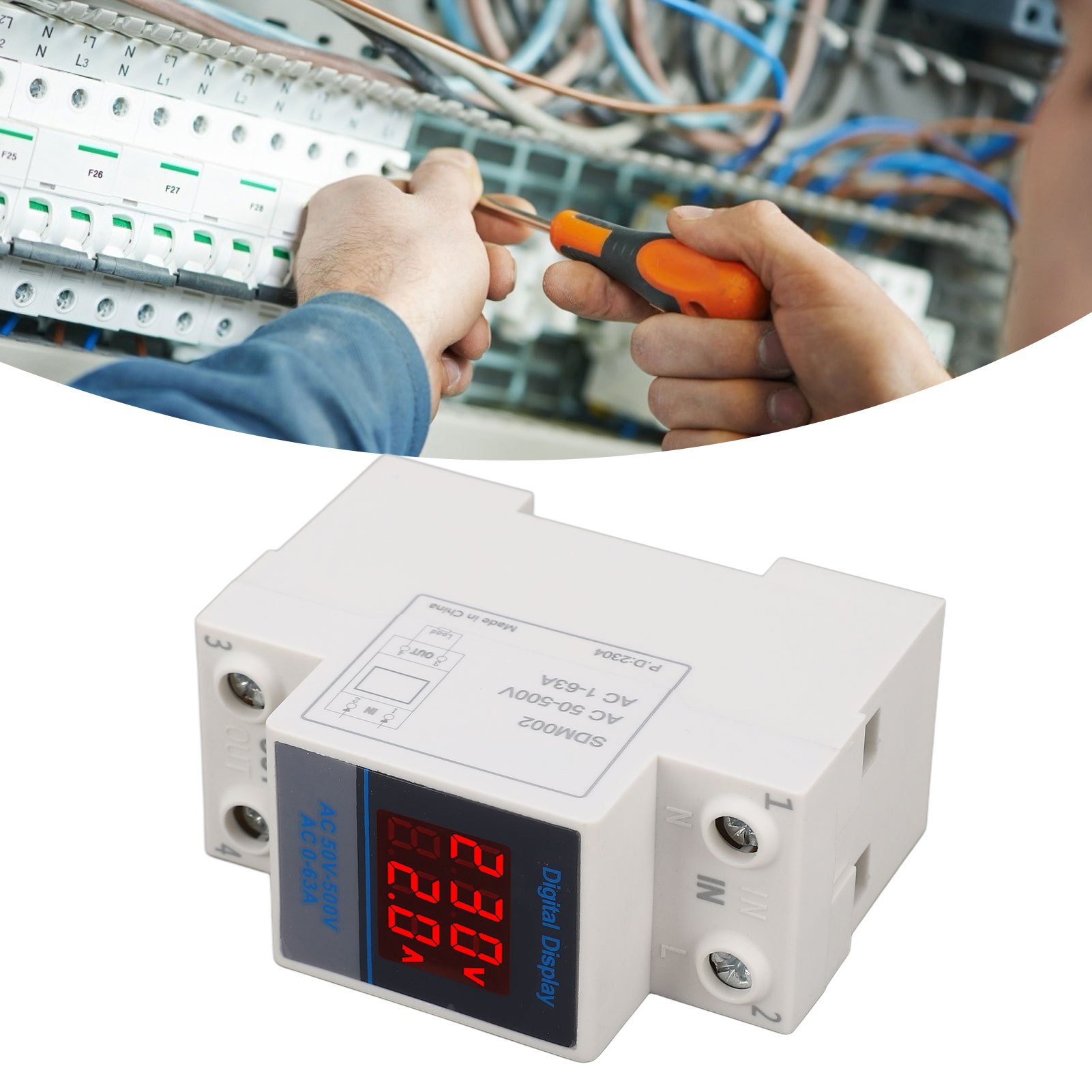 Digitales Haushaltsvoltmeter Und -amperemeter Mit Doppelanzeige, Schienenmontage, Mit Integriertem Stromwandler, Ac50-500v 0-63a.