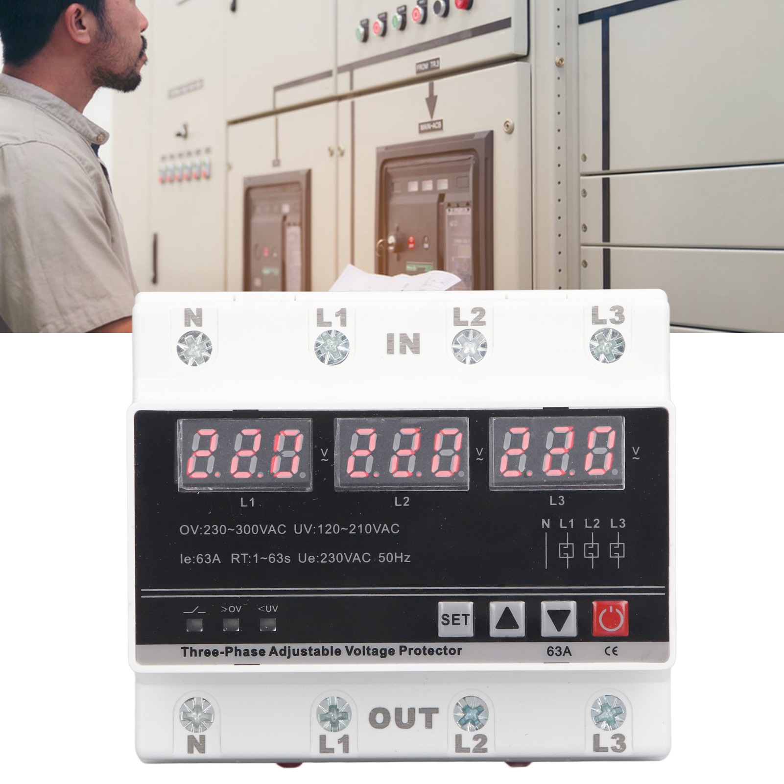 Intelligentes Din-schienen-voltmeter Und -amperemeter Mit Einstellbarem Über- Und Unterspannungsschutz, 120–300 V Ac, 63 A