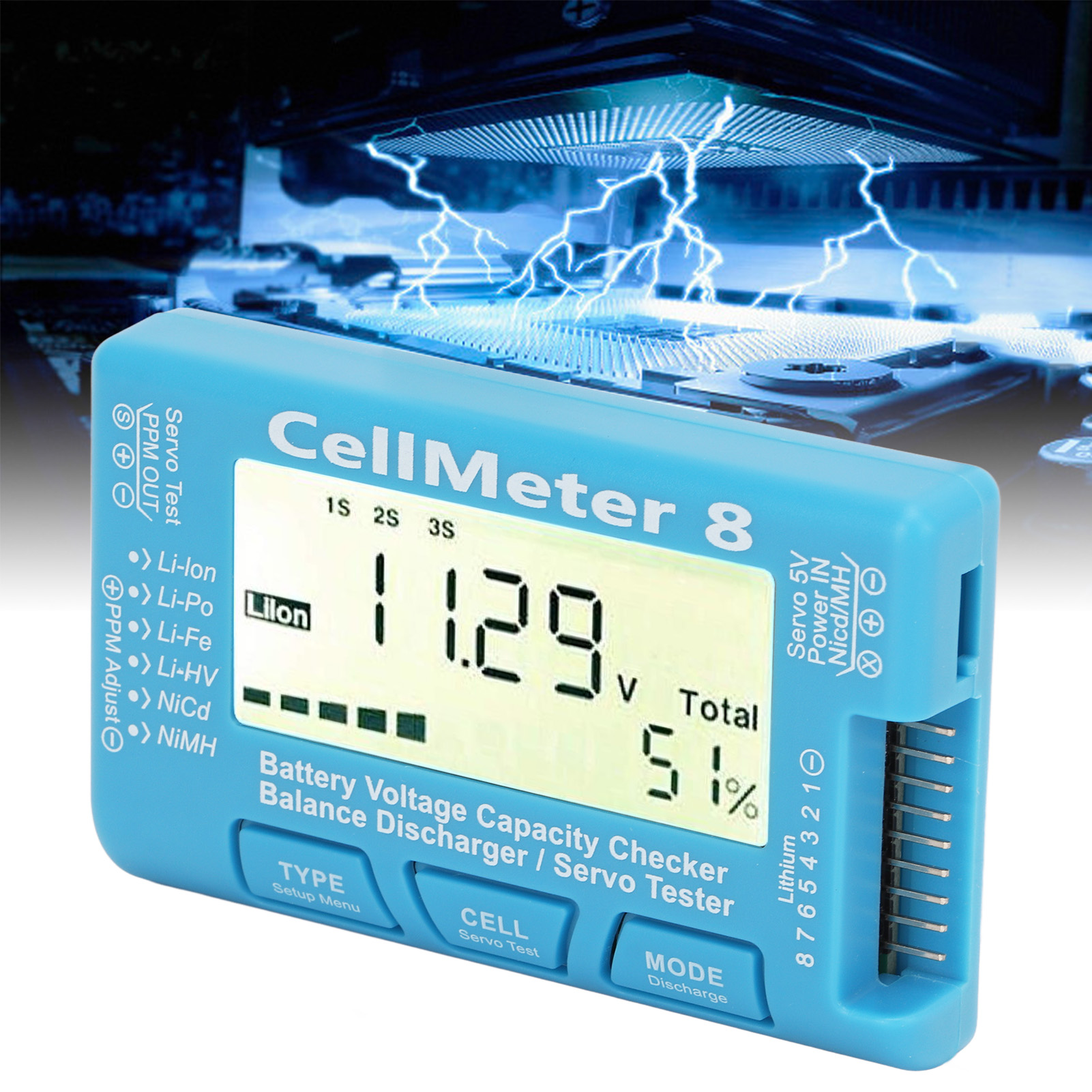Cellmeter 8 - Digitaler Kapazitäts- Und Spannungstester Für Lipo-, Life-, Li-ion-, Nimh- Und Nidd-akkus Mit Großem, Hintergrundbeleuchtetem Lcd-bildschirm.