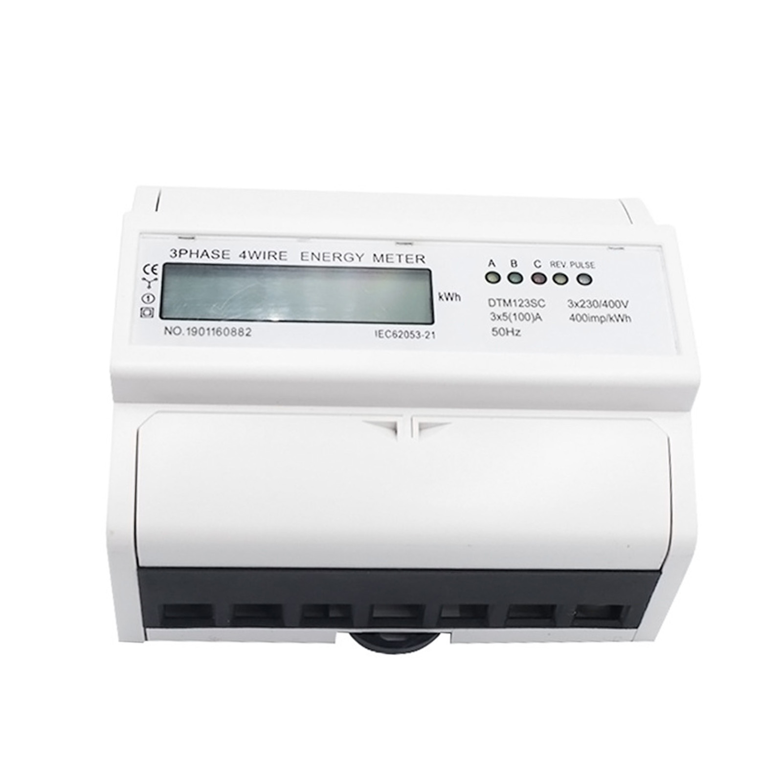 Weißer Haushaltsstromzähler, 3 X 230/400 V, 50 Hz, Lcd-anzeige, Modell Dtm123sc, Drehstrom, Vieradrig, Din-schienenmontage, 3 X 5 A