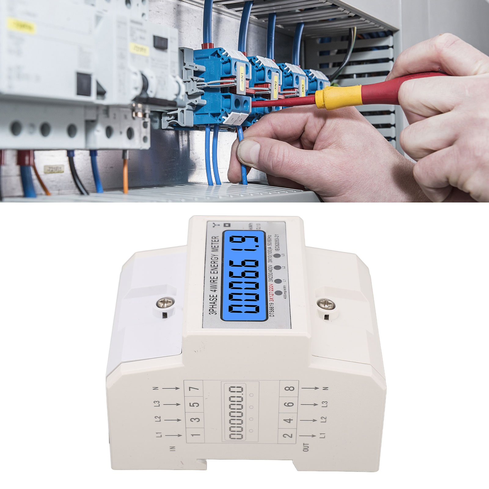 Digitaler Stromzähler, Din-schiene, Dreiphasig, Hintergrundbeleuchtetes Lcd-display, Kwh, Haushaltsstromzähler, 3127/220 Vac, 10-100 A.
