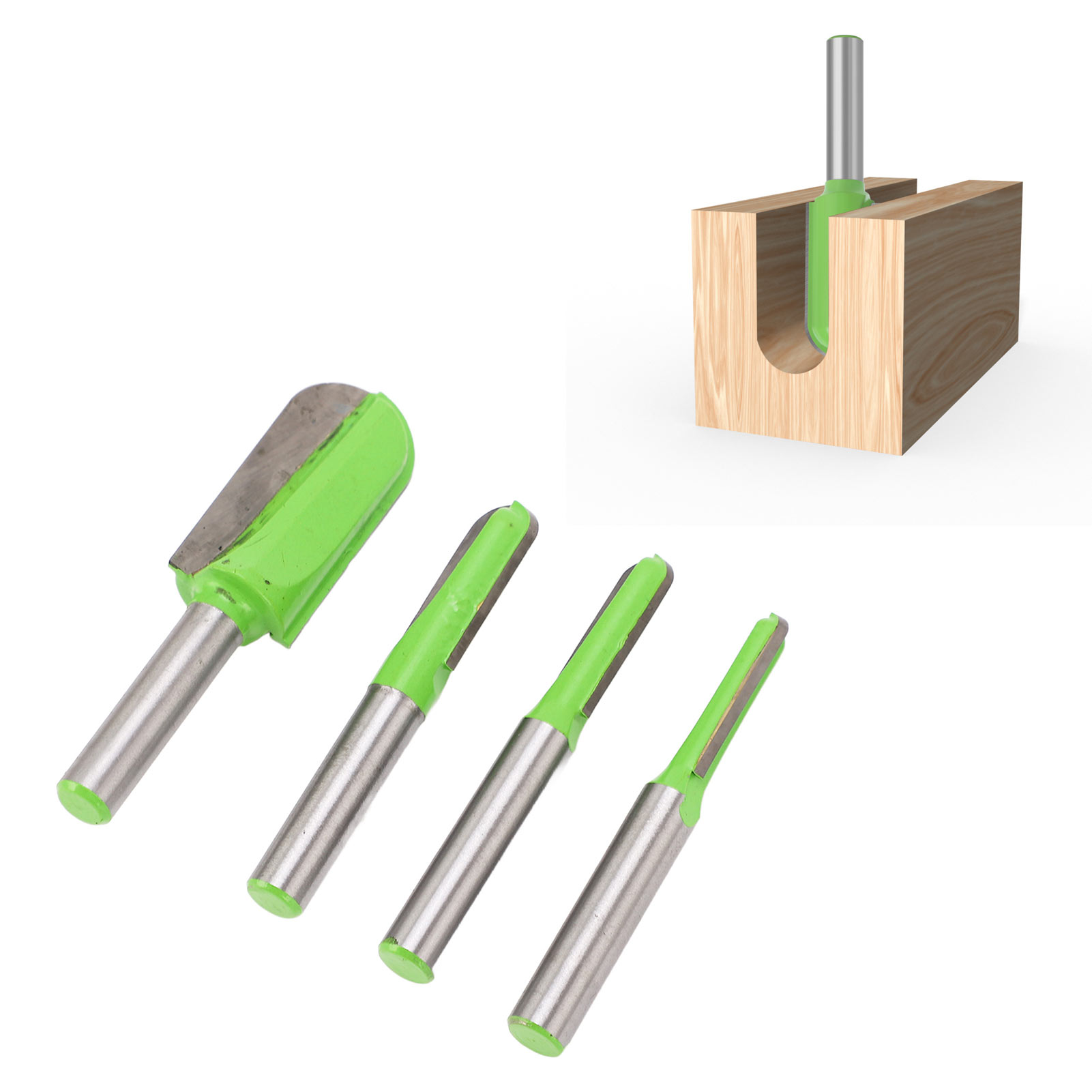 Set Mit 4 Hellgrünen Holzfräsern Mit Dunkler, Abgerundeter Unterseite Und Profilfräsern Mit Abgerundeter Unterseite