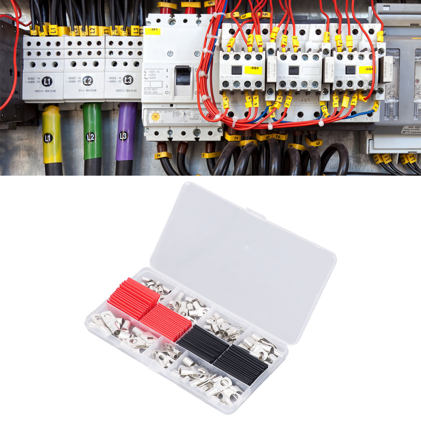 Set Aus 140 Kupferdrahtösen Für Inspektionsöffnungen, Gekapselten Klemmenblöcken, Blanken Kupferdrahtösen Und Rotem/schwarzem Schrumpfschlauch.