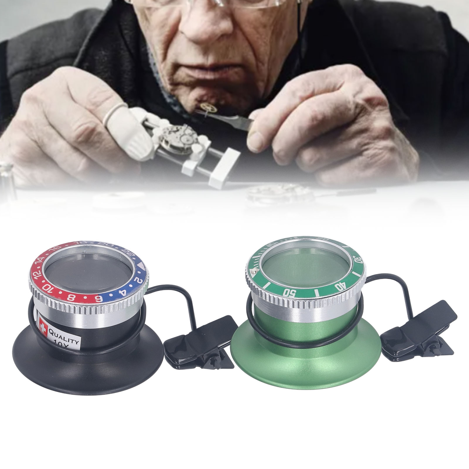 Set Aus 2 10-fach Vergrößernden Metalllupen Für Uhrenreparaturen, Augenmaske Und Uhrmacherwerkzeuge Mit Clip.