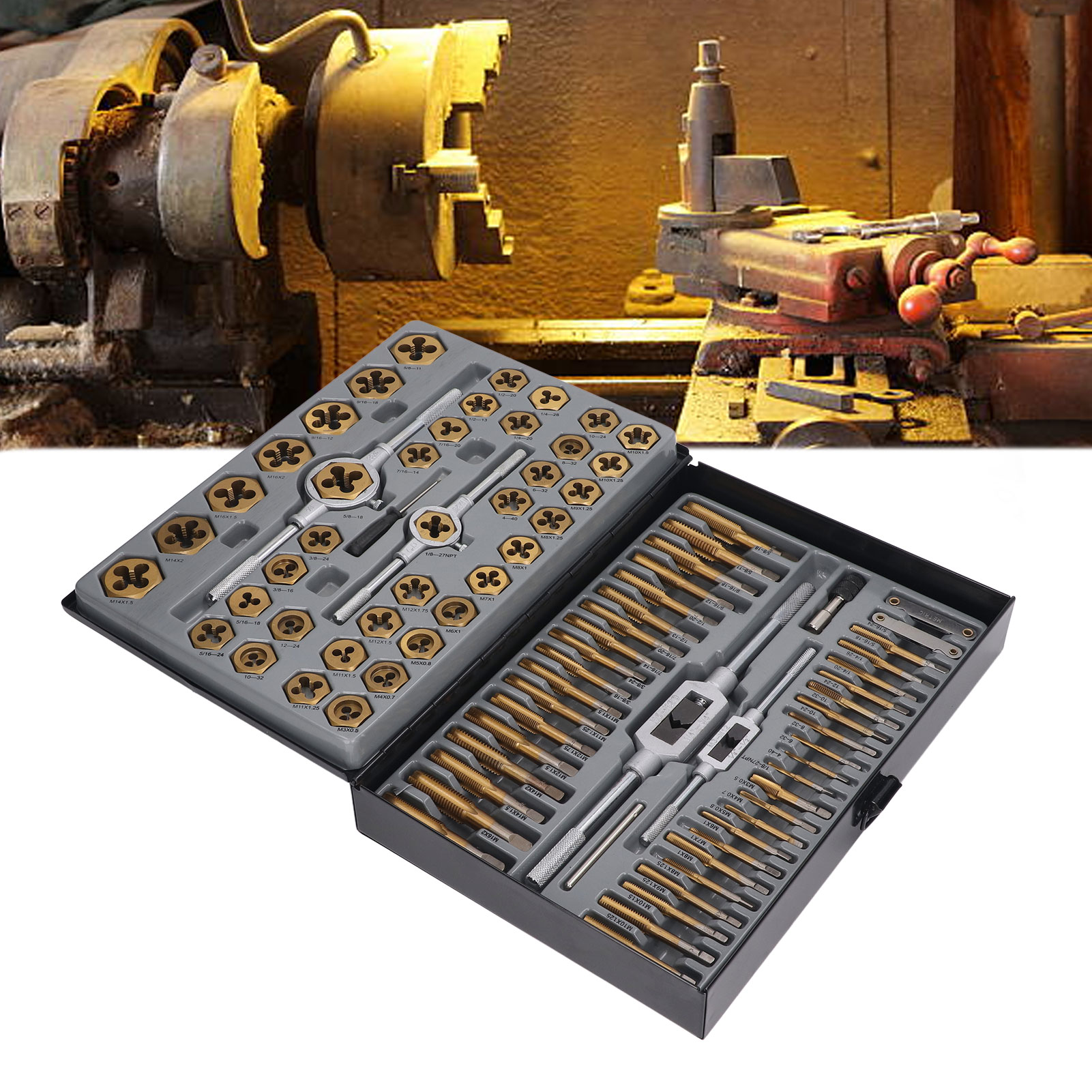 Satz Von 86 Titanbeschichteten Hartmetall-gewindebohrern Und -schneideisen