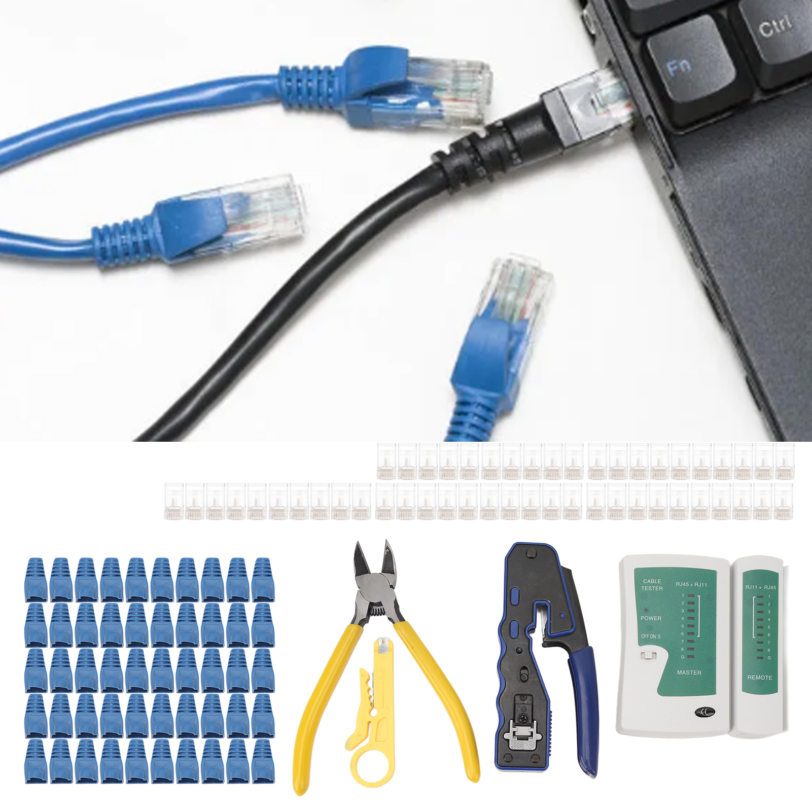 Netzwerk-/telefonkabeltester, Rj45-crimpzange, Cat6-crimpset Für Gerade Modulare Kabel (50-teilig), Cat6-steckverbinder (50-teilig), Mini-abisolierzange Für Ummantelte Rj45-kabel, Seitenschneider