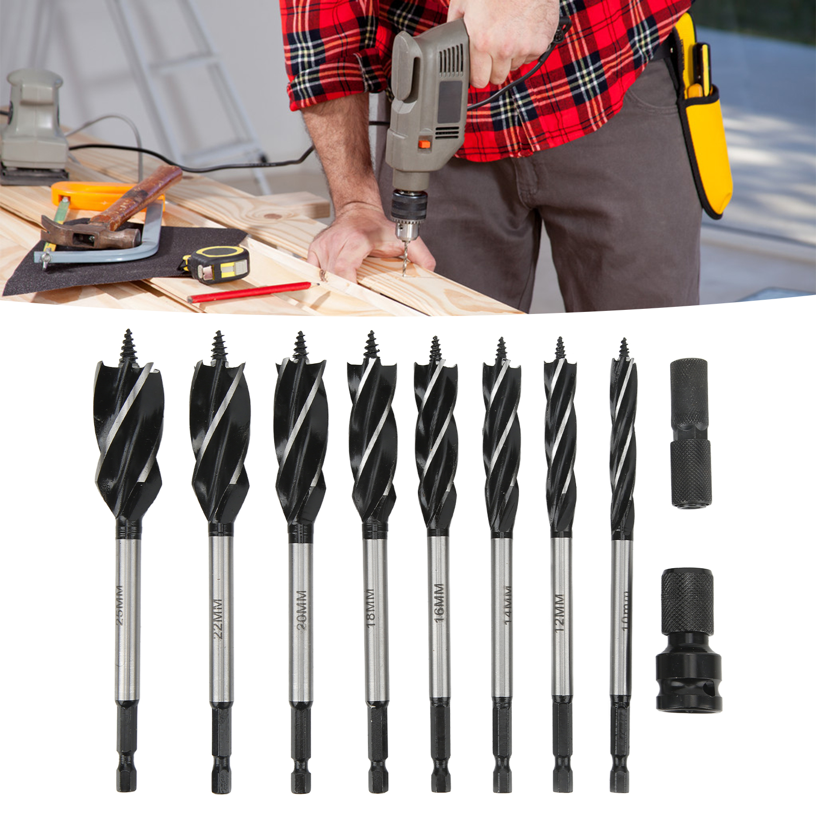Set Aus Holzbohrern Von 10 Bis 25 Mm, Einschließlich Spiralbohrern, Hochkohlenstoffstahl- Und Hochgeschwindigkeits-schneidbohrern Aus Hochkohlenstoffstahl Für Die Holzbearbeitung.