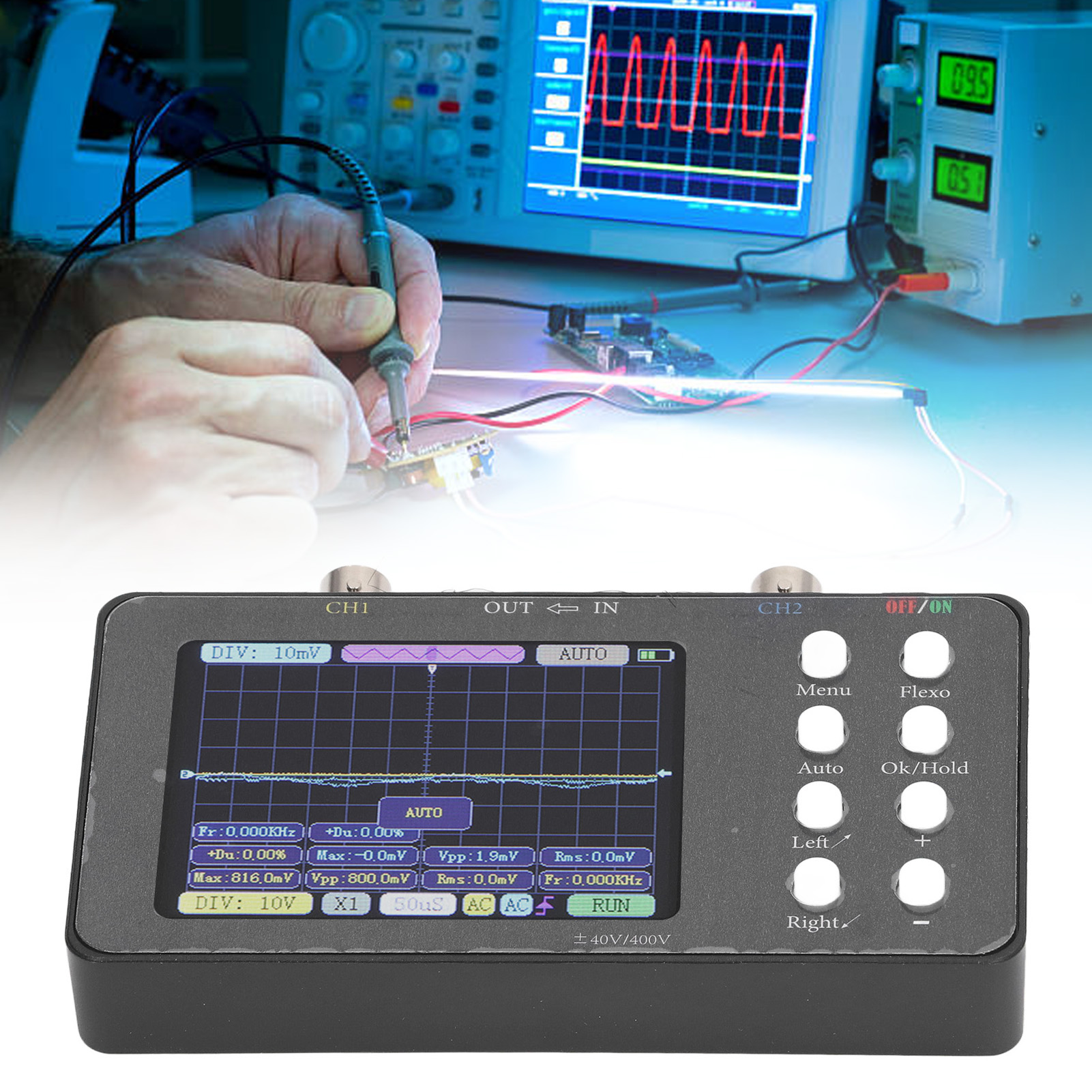 Sco2 Tragbares Zweikanal-digitaloszilloskop, 3,2-zoll-lcd-oszilloskop, 50 Mhz Abtastfrequenz, Zwei Kanäle, 10 Msa/s Analoge Bandbreite, 20 Kb Speichertiefe.