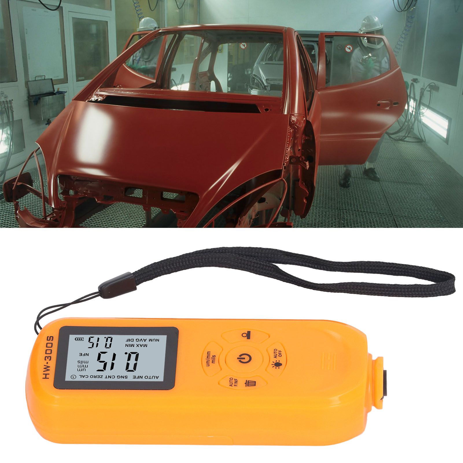 Hochpräzises Hw-300s Orangefarbenes Horizontales Sieb-schichtdickenmessgerät Für Gebrauchtfahrzeuge, Pulverbeschichtung, Trockenfilmdickenmessgerät