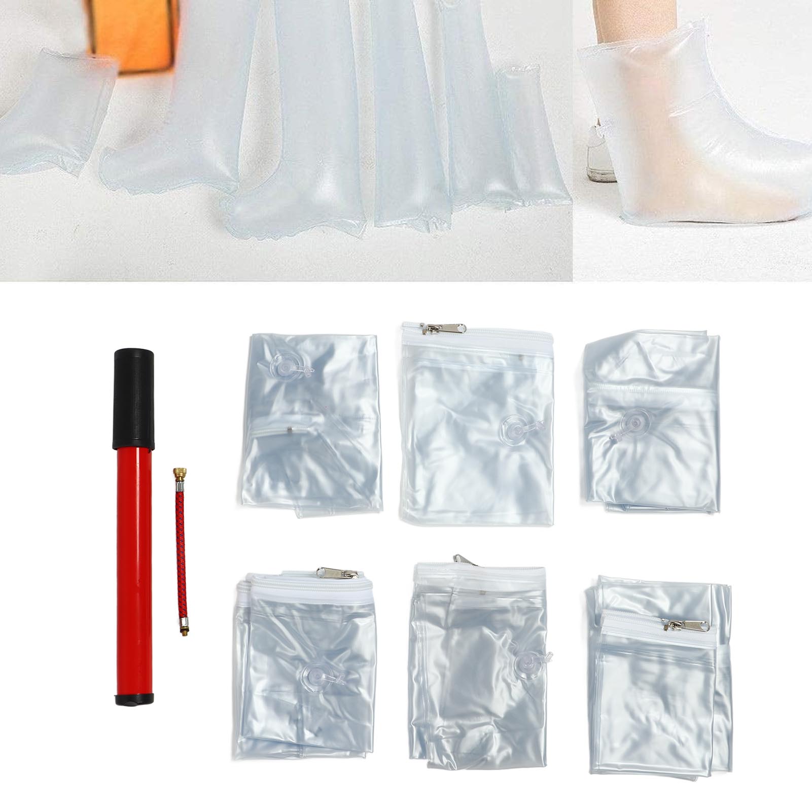Ein Sechsteiliges Notfall-schienenset Für Knochenbrüche, Inklusive Einer Luftpumpe Zum Aufblasen Und Befestigen Der Schiene.