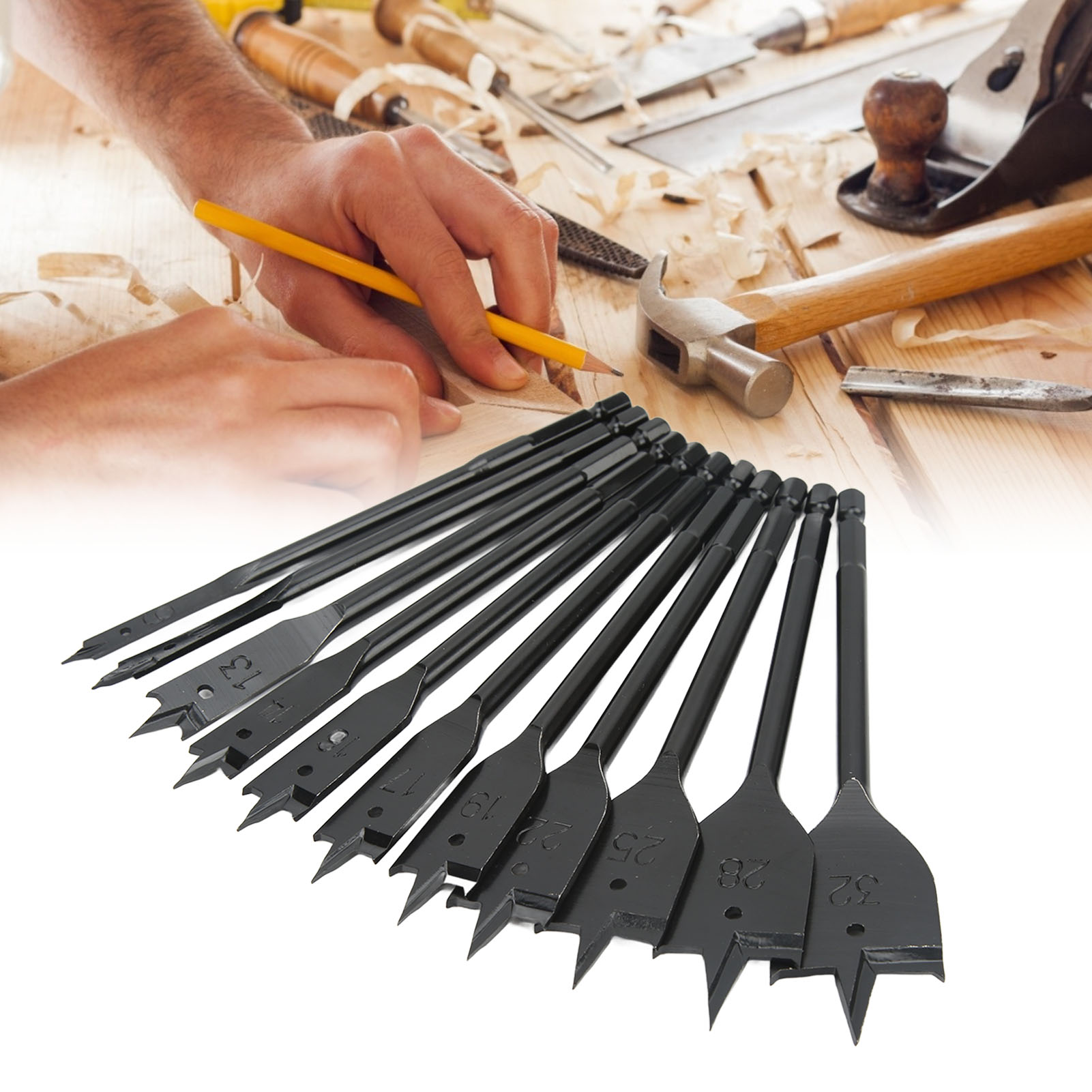 Set Mit 11 Flachbohrern Mit Sechskantschaft Zum Bohren