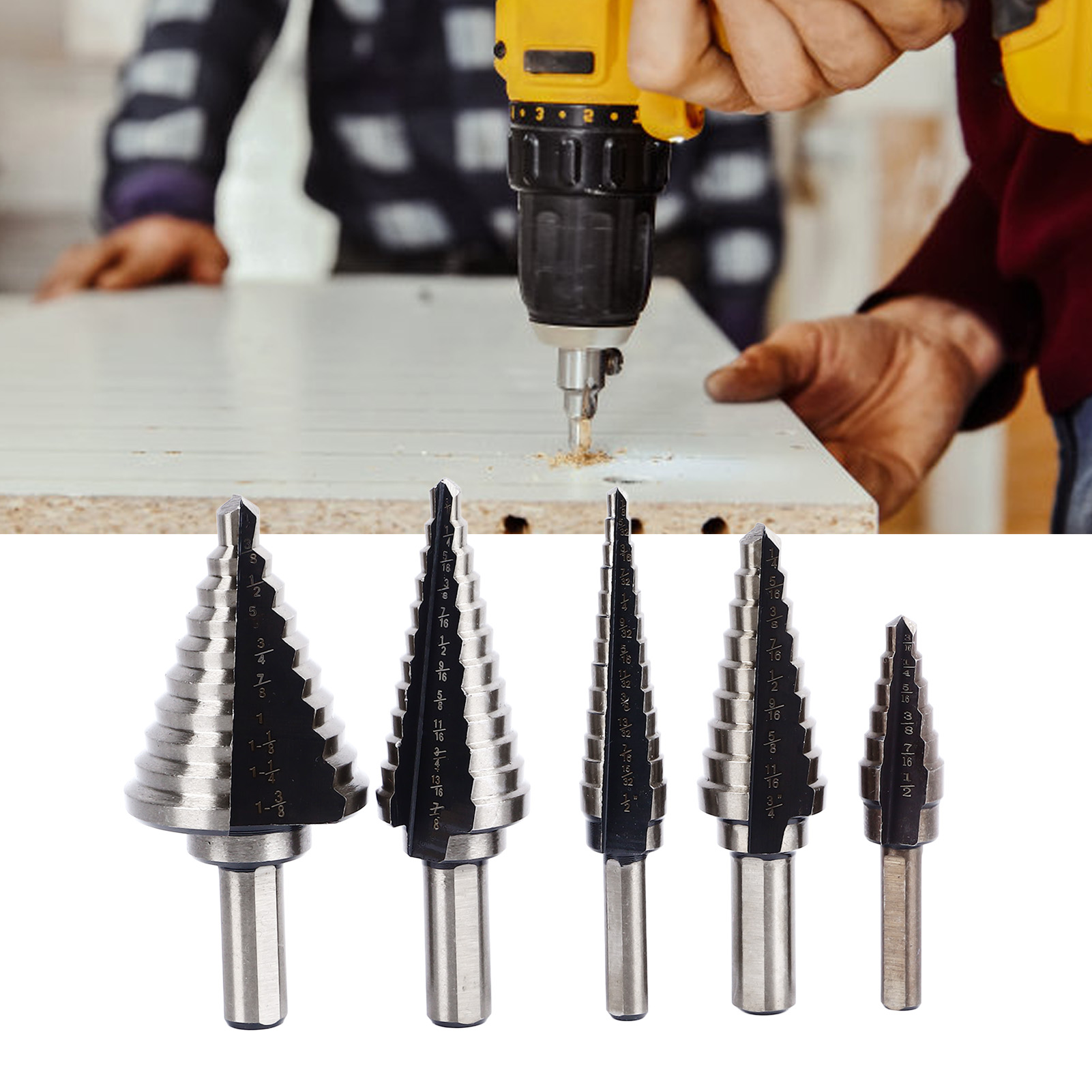Set Aus 5 Stufenbohrern Mit Zollmaß: Stufenbohrer, Plattenbohrer, Spiralbohrer, Reibahle Und Lochbohrer.
