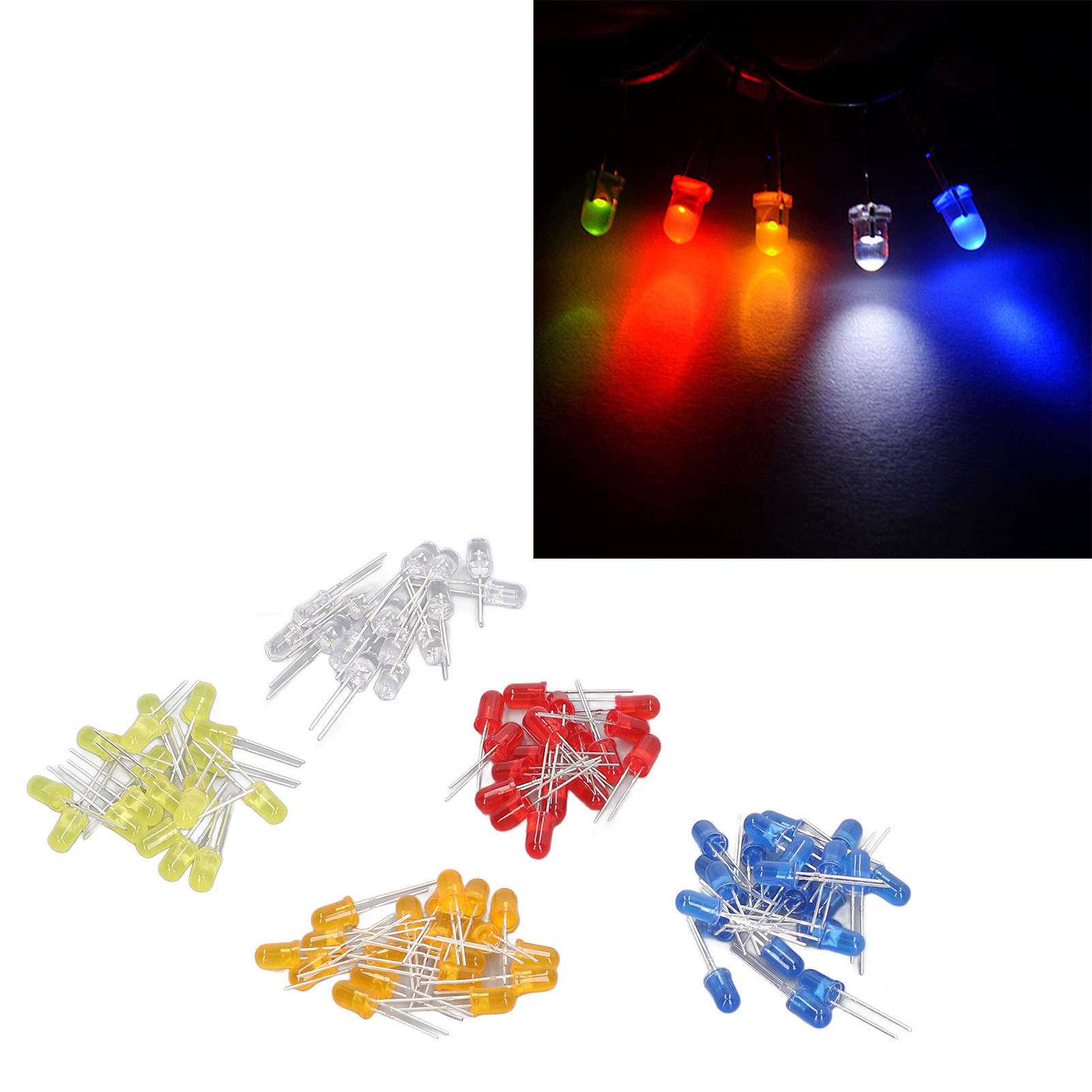 Set Mit 500 5mm Leds In 10 Verschiedenen Farben (weiß, Rot, Gelb, Grün, Blau, Warmweiß, Uv-violett, Gelbgrün, Rosa, Orange).