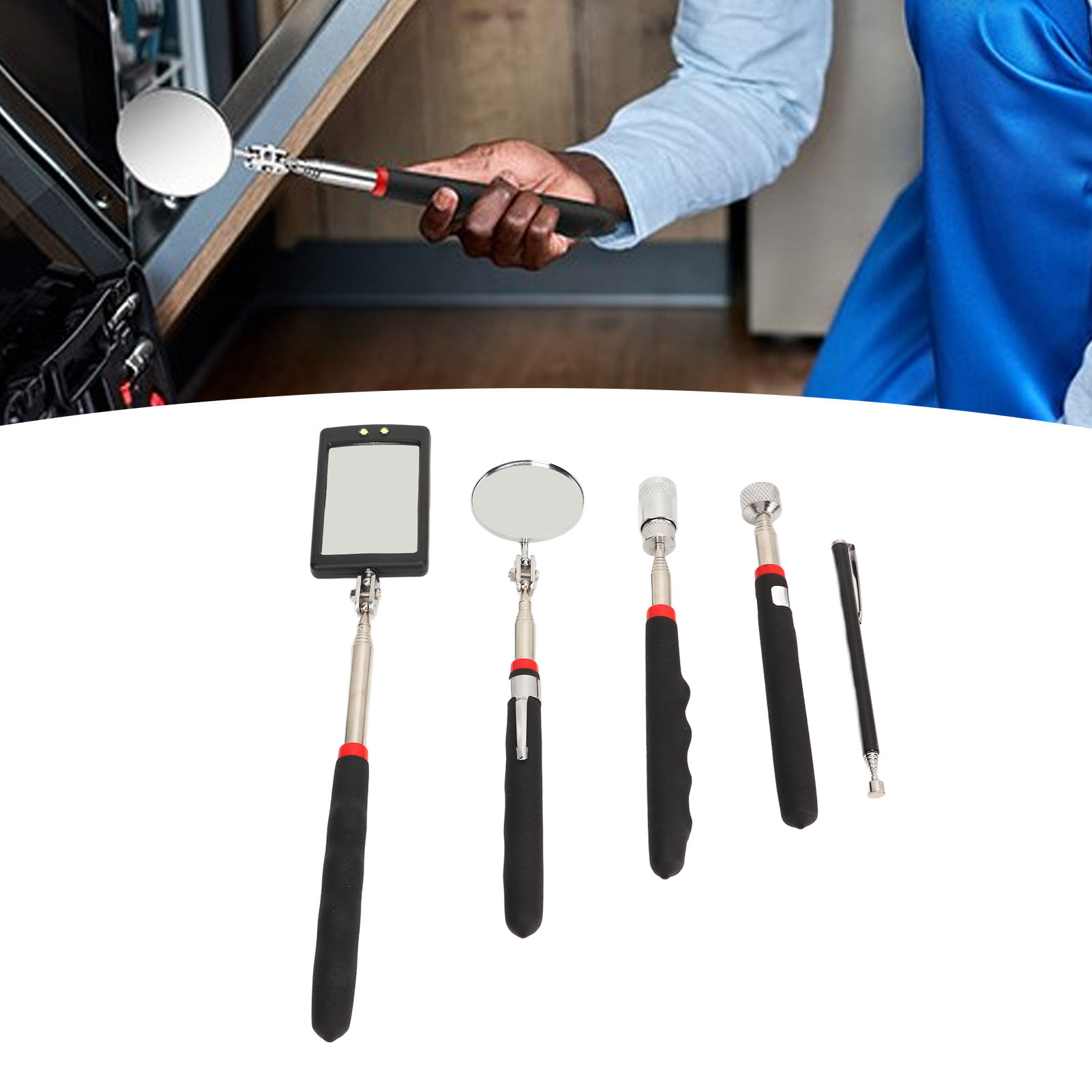 5-teiliges Teleskopisches Magnetbergungswerkzeug-set, Teleskopisches Untersuchungsbrillen-set: 10 Lb Magnetstab + 8 Lb Led-magnetstab + 1,5 Lb Magnetstab + Runder Spiegel + Quadratischer Led-spiegel.