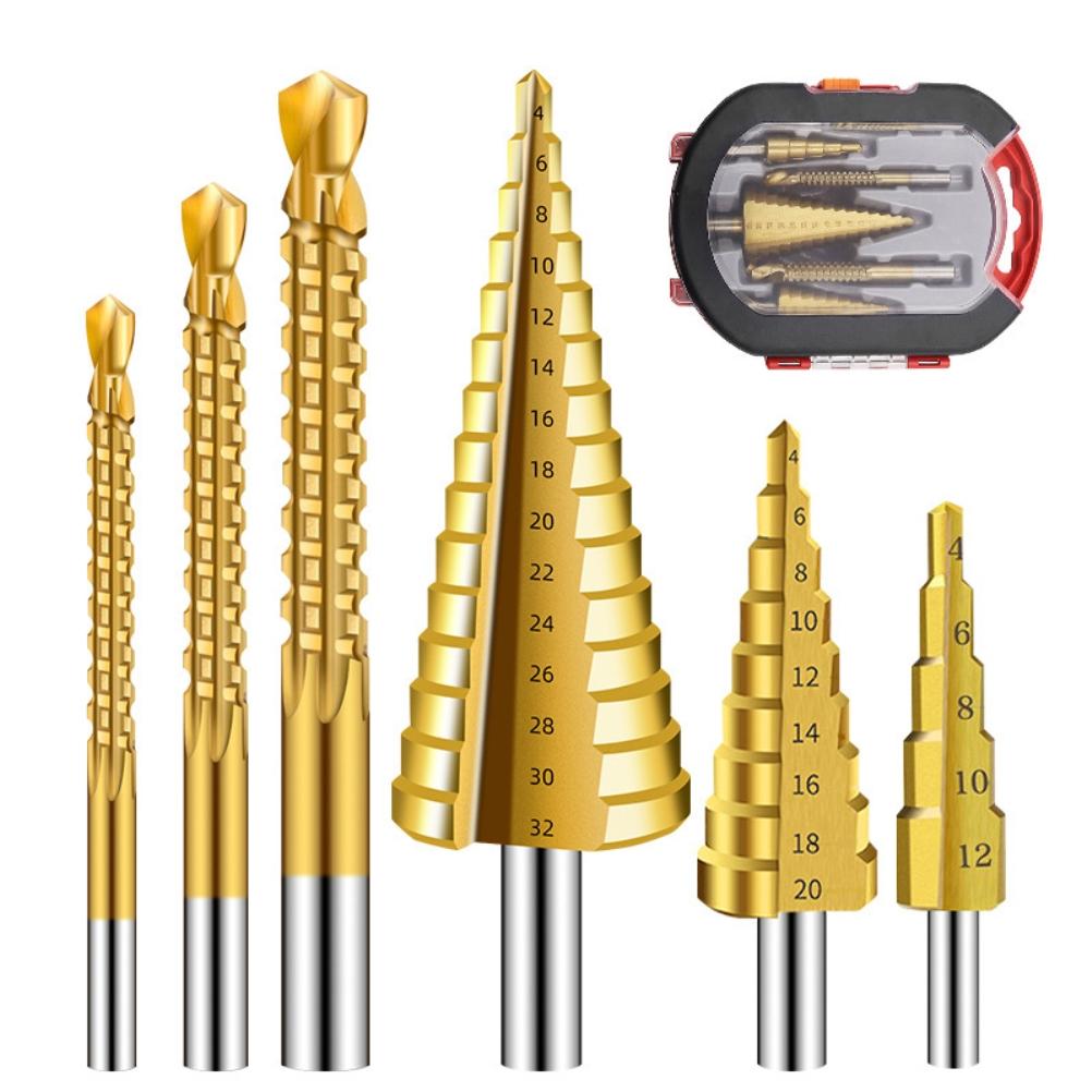 1 Set Mit 6 Titanbeschichteten 4241-hochgeschwindigkeitsstahl-stufenbohrern Für Holzbearbeitung, Nuten, Sägezähne, Dreiecksschaft- Und Pagodenbohrer-baugruppe, Verpackt, Einheitsgröße.
