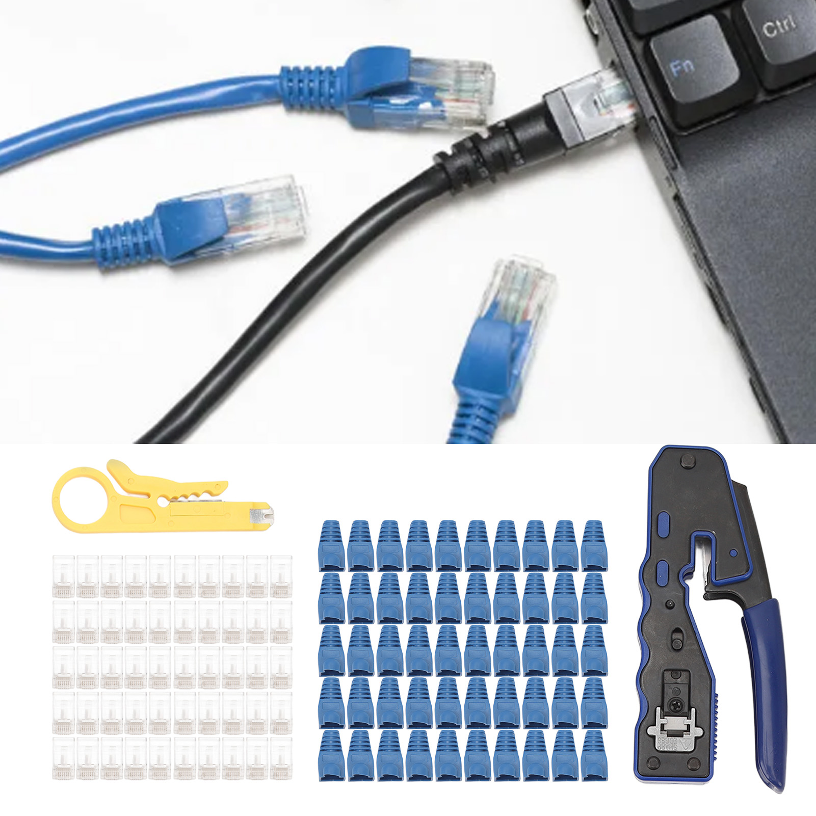 Dieses Rj45-crimpset Ist Für Gerade Cat5-, Cat5e-, Cat6- Und Cat6a-stecker Geeignet. Es Enthält 50 Cat6-stecker, 50 Verbindungshülsen Und Eine Abisolierzange.