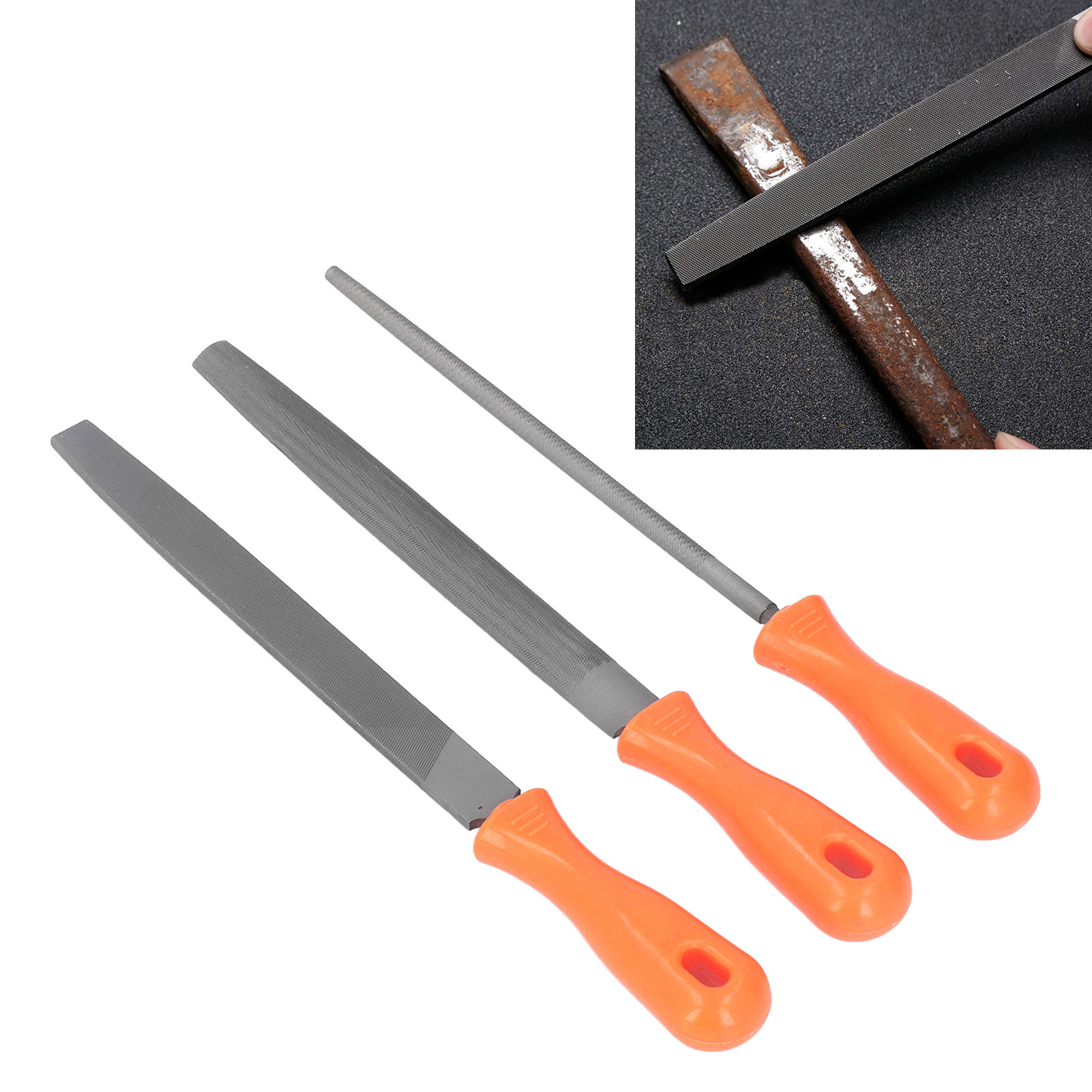 Set Aus 3 Stahlfeilen, Set Aus Gehärteten Legierten Stahlfeilen, Bestehend Aus Flach-, Rund- Und Halbrundfeilen.