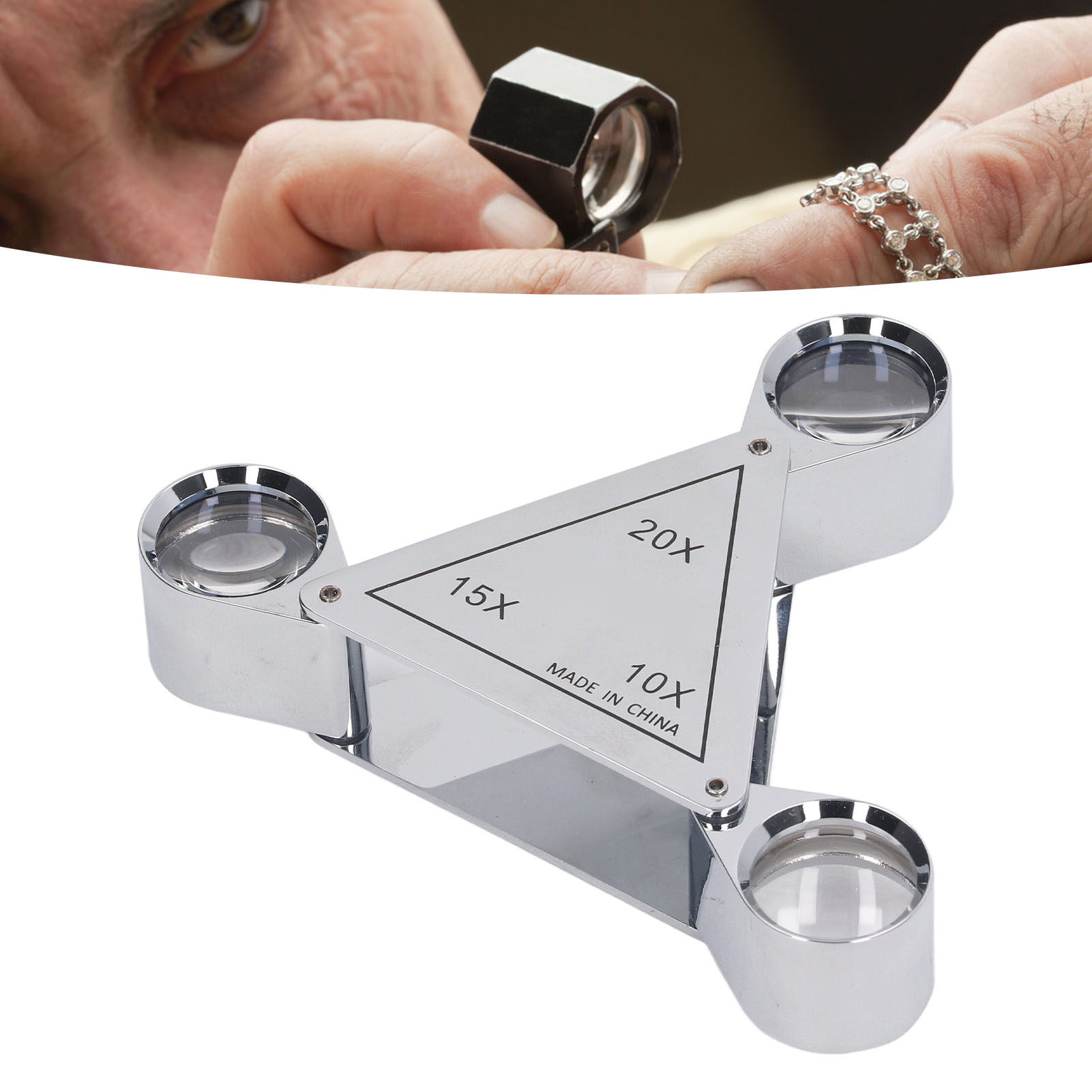 Faltbare Lupe Mit Drei Linsen (10x, 15x, 20x) Zur Untersuchung Von Schmuck, Antiquitäten, Zur Identifizierung Von Diamanten Und Zur Beobachtung Von Metallen.
