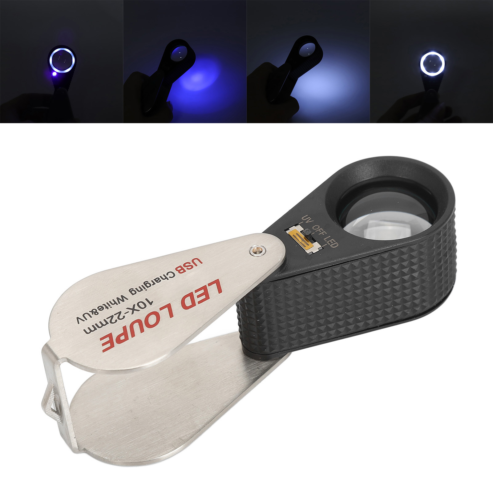 Wiederaufladbare, Faltbare 10-fach Vergrößernde Lupe Mit 6 Led-leuchten Und 7 Uv-leuchten.