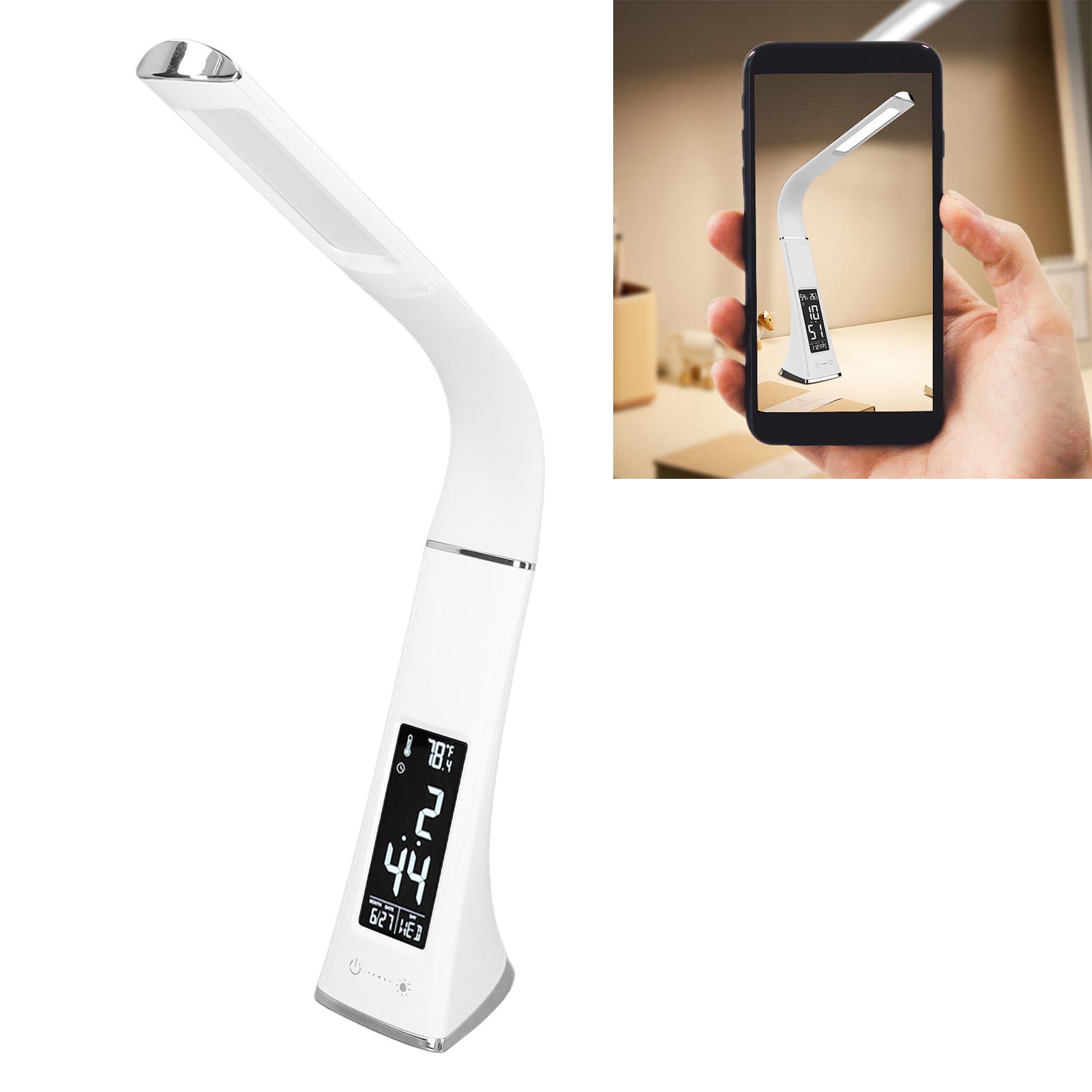 Led-leselampe Mit Digitalanzeige, Kalender Und Temperaturanzeige Verstellbare Schwanenhalslampe Mit Touch-steuerung Kabellose Schreibtischlampe Mit 3 Einstellbaren Farben.